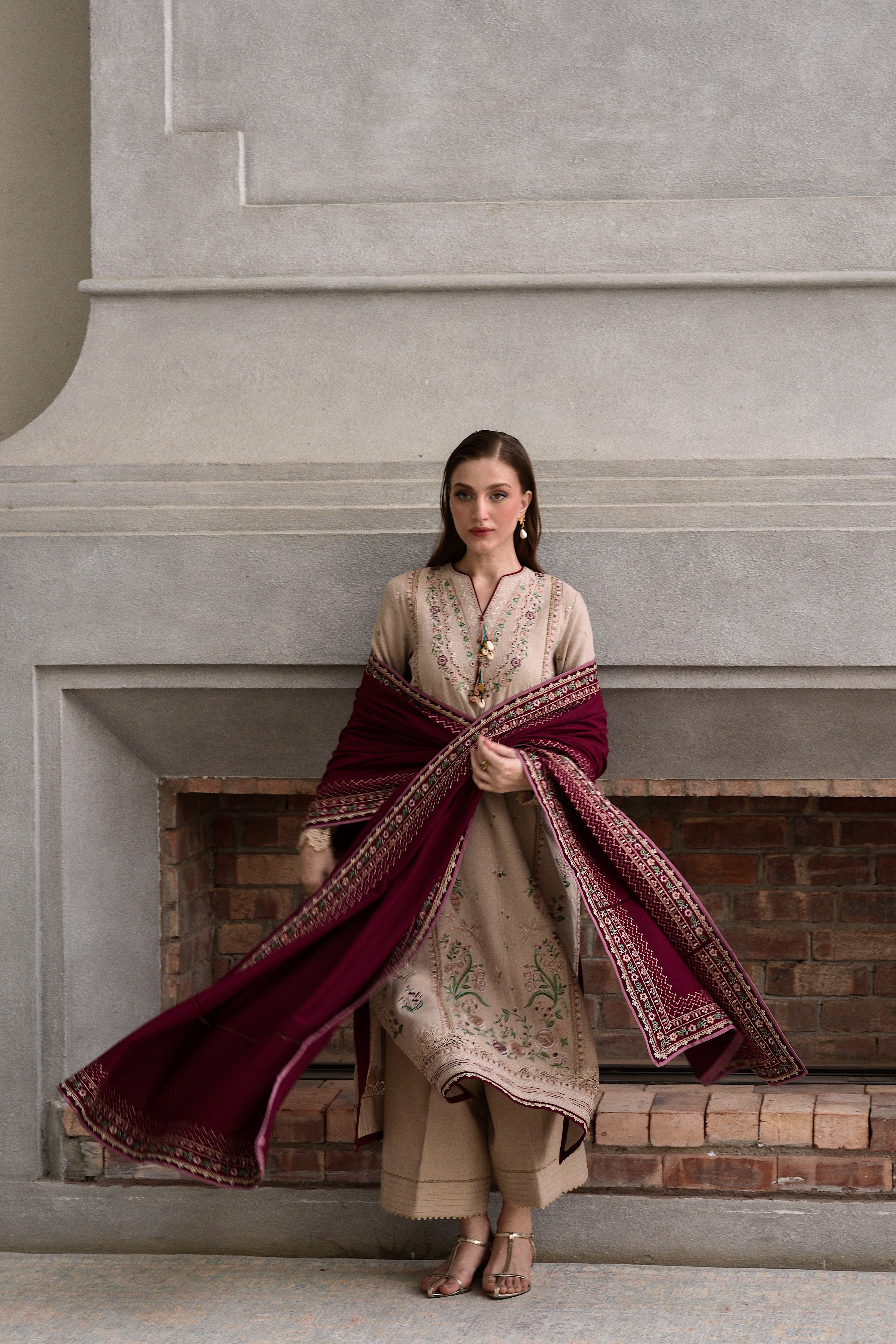 BEIGE & BURGUNDY LUXURY EMBROIDERED KARANDI SET STITCHED (NEL-25628) READY TO SHIP