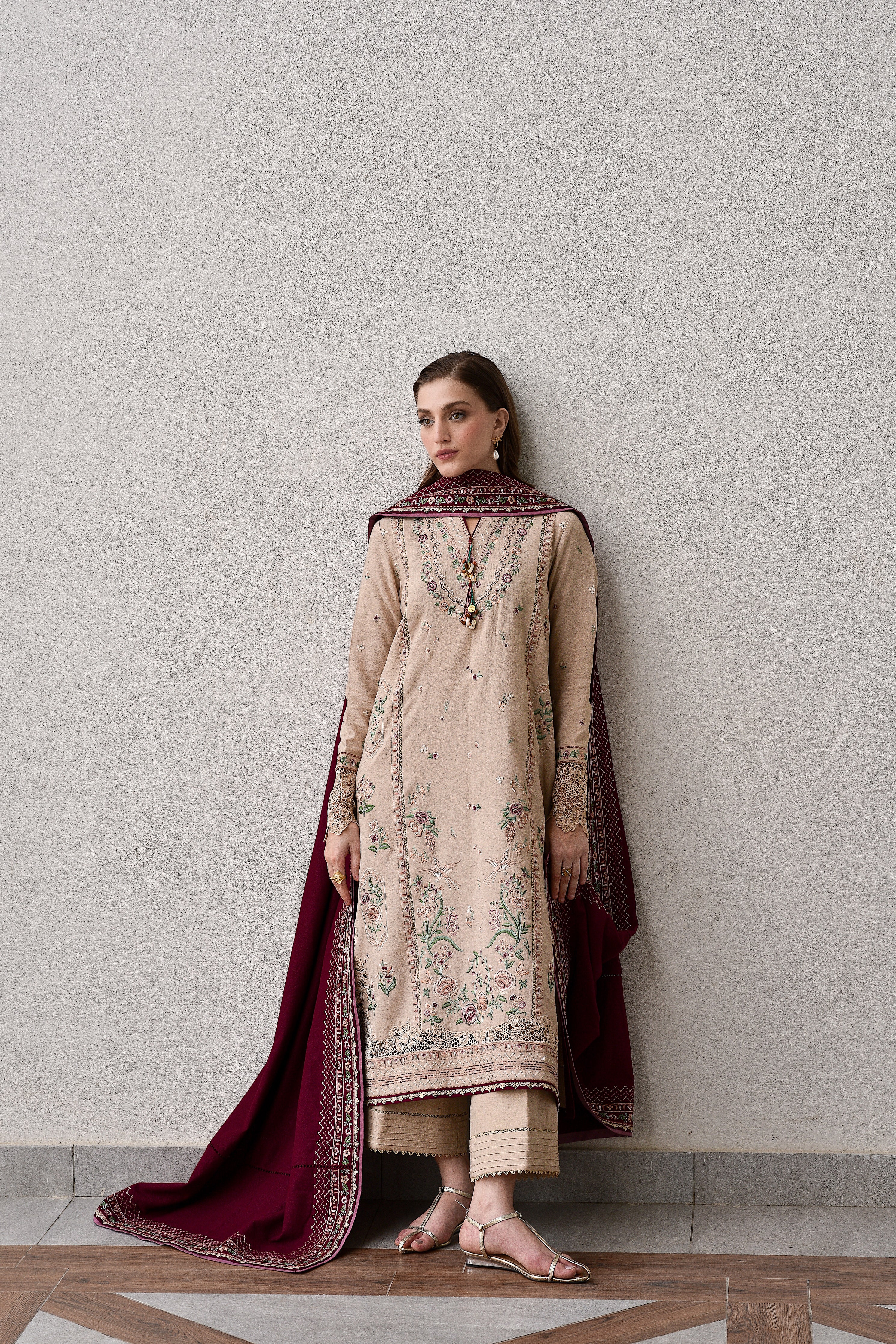 BEIGE & BURGUNDY LUXURY EMBROIDERED KARANDI SET STITCHED (NEL-25628) READY TO SHIP