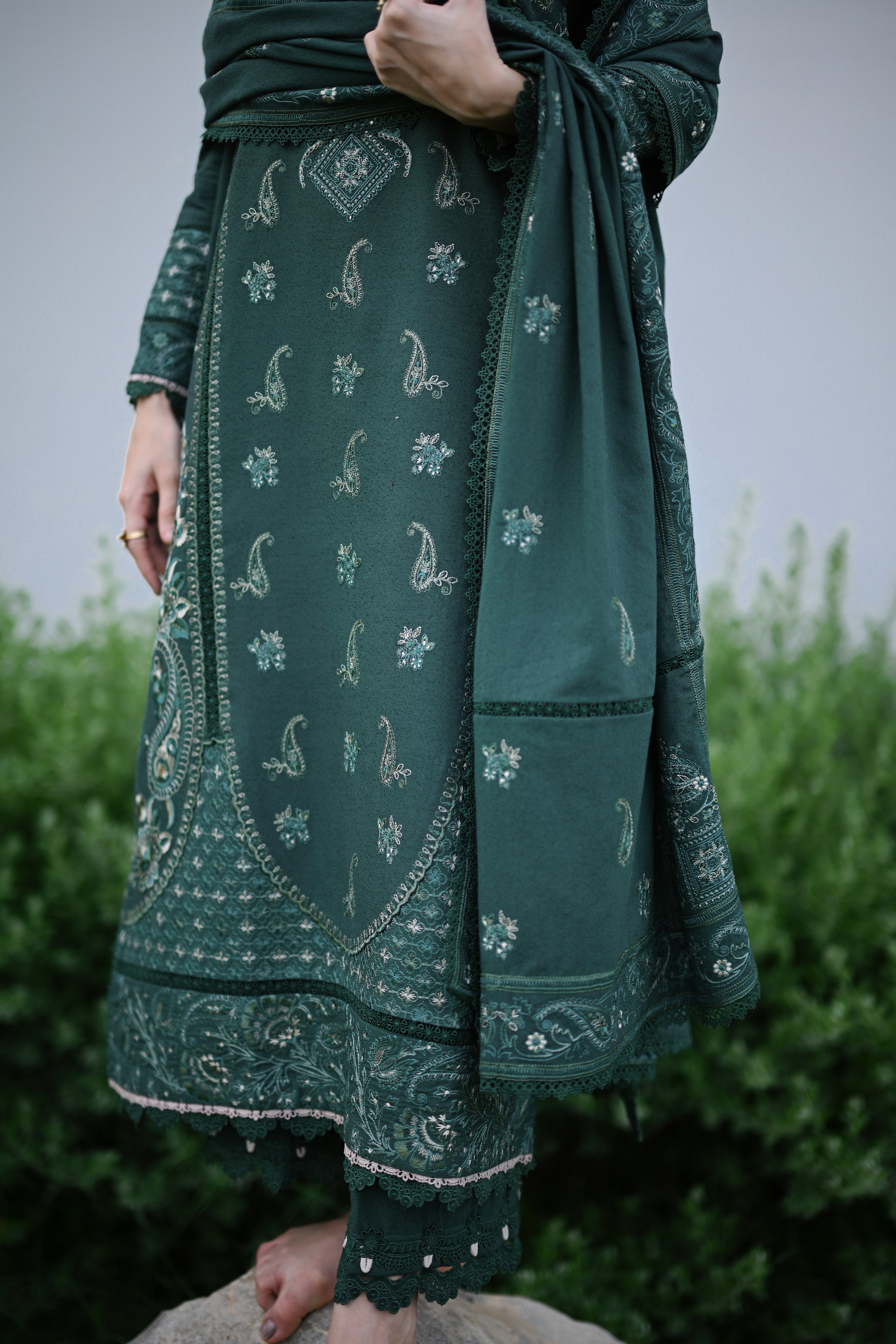 SAGE GREEN LUXURY EMBROIDERED KARANDI SET (NEL-25635)-READY TO WEAR