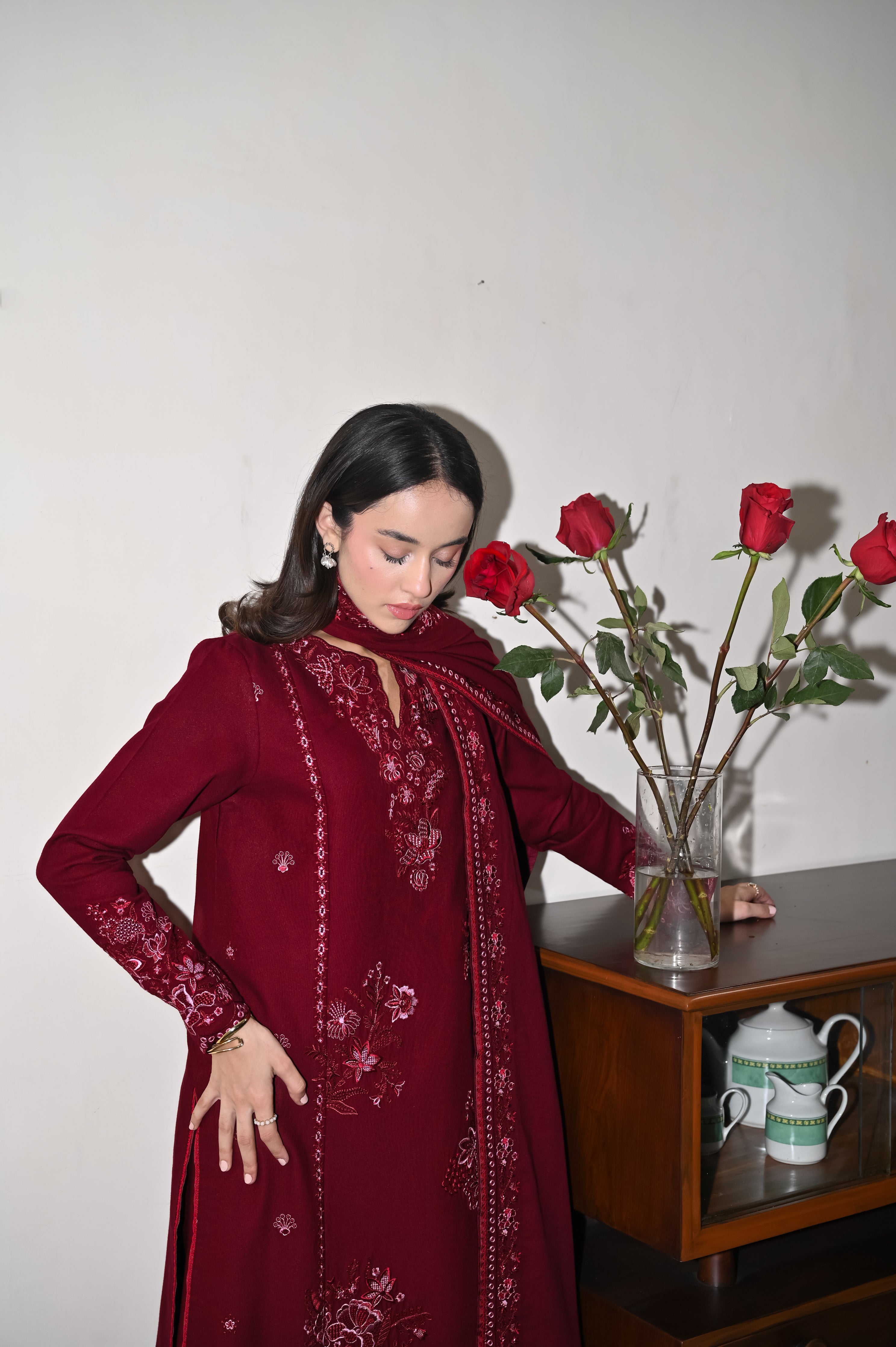 DEEP MAROON LUXURY EMBROIDERED KARANDI 3PCS SET (NPA3-25450)-READY TO WEAR