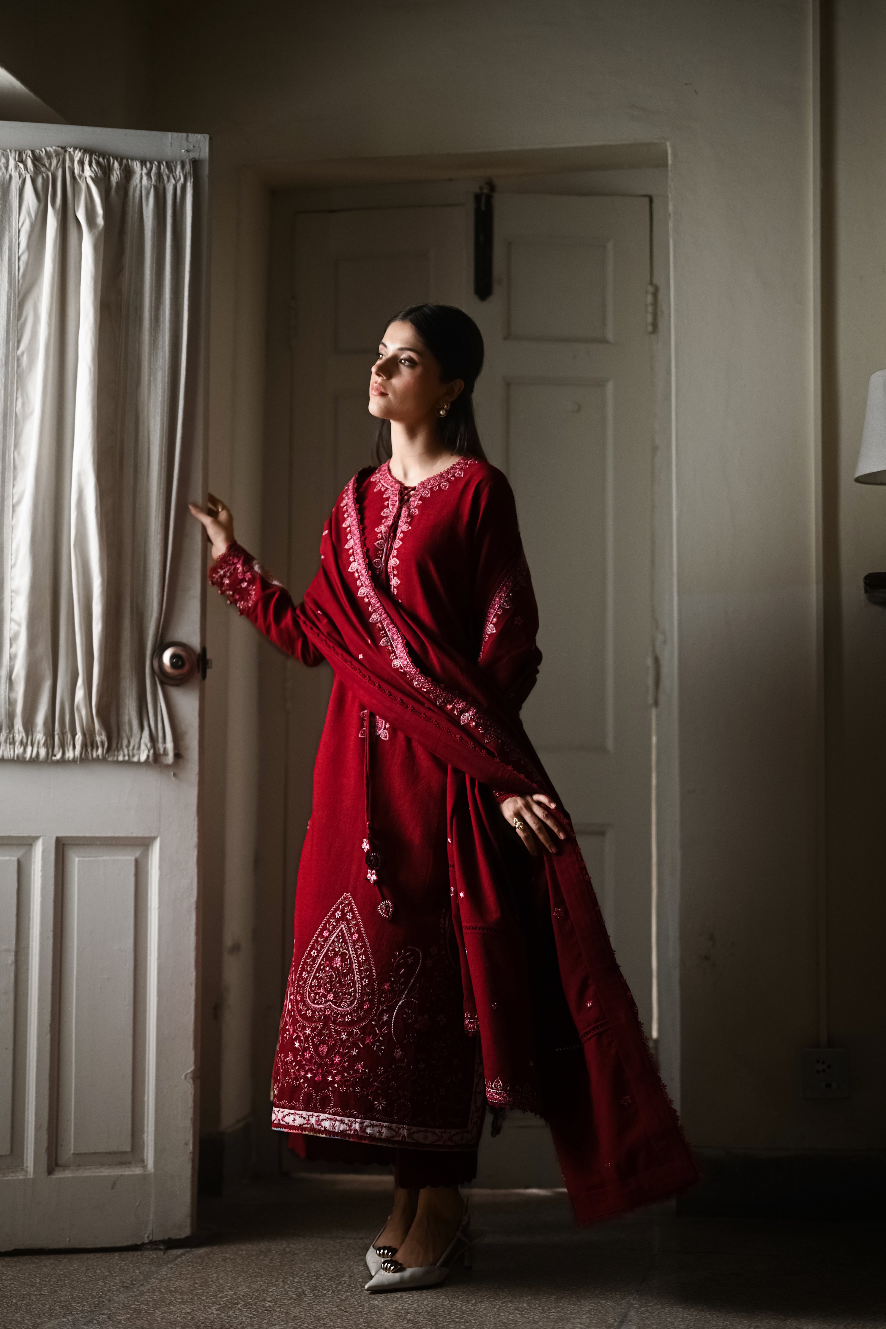 DEEP RED LUXURY EMBROIDERED KARANDI 3PCS SET (NPA3-25449)-READY TO WEAR