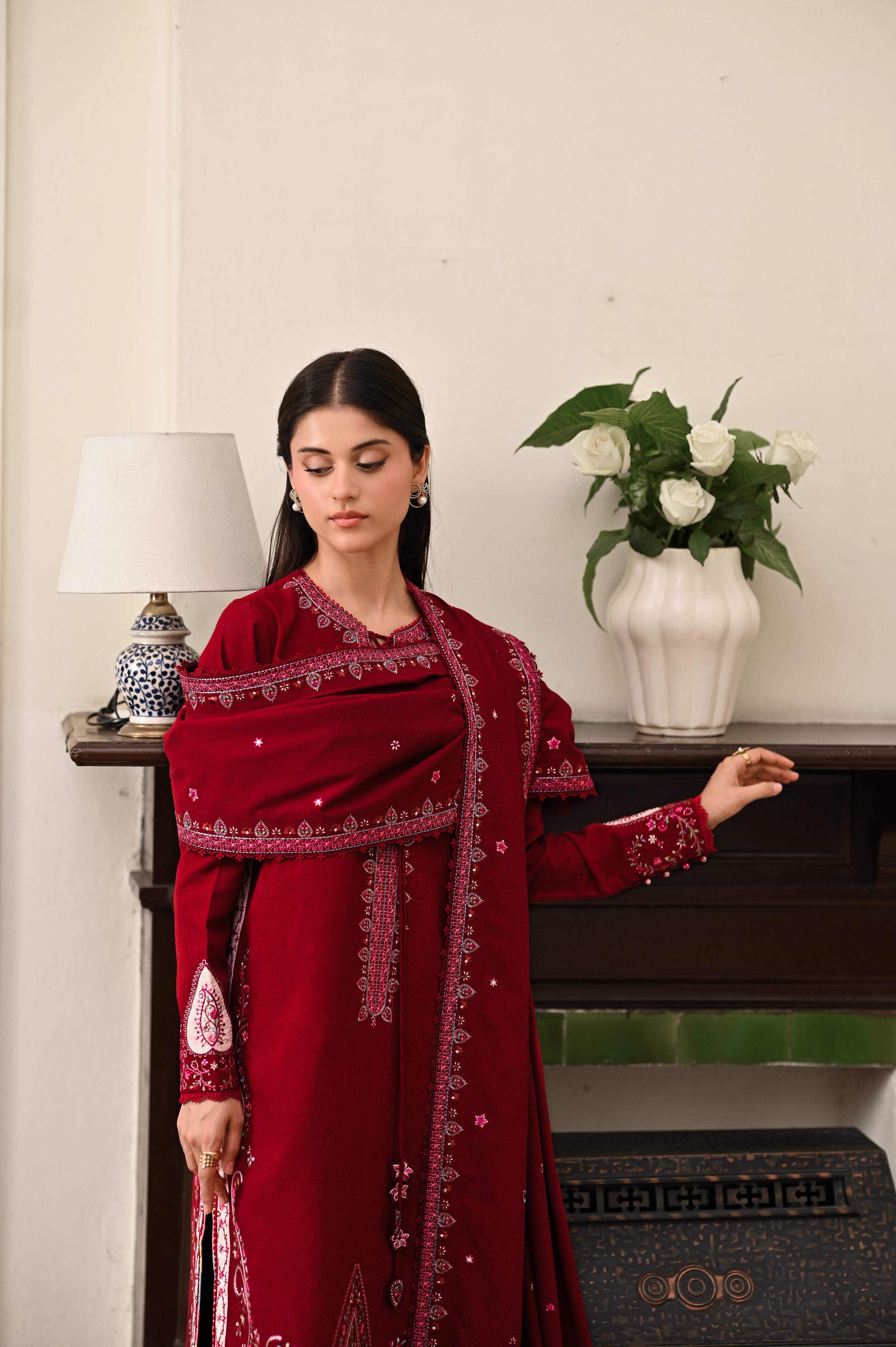 DEEP RED LUXURY EMBROIDERED KARANDI 3PCS SET (NPA3-25449)-READY TO WEAR