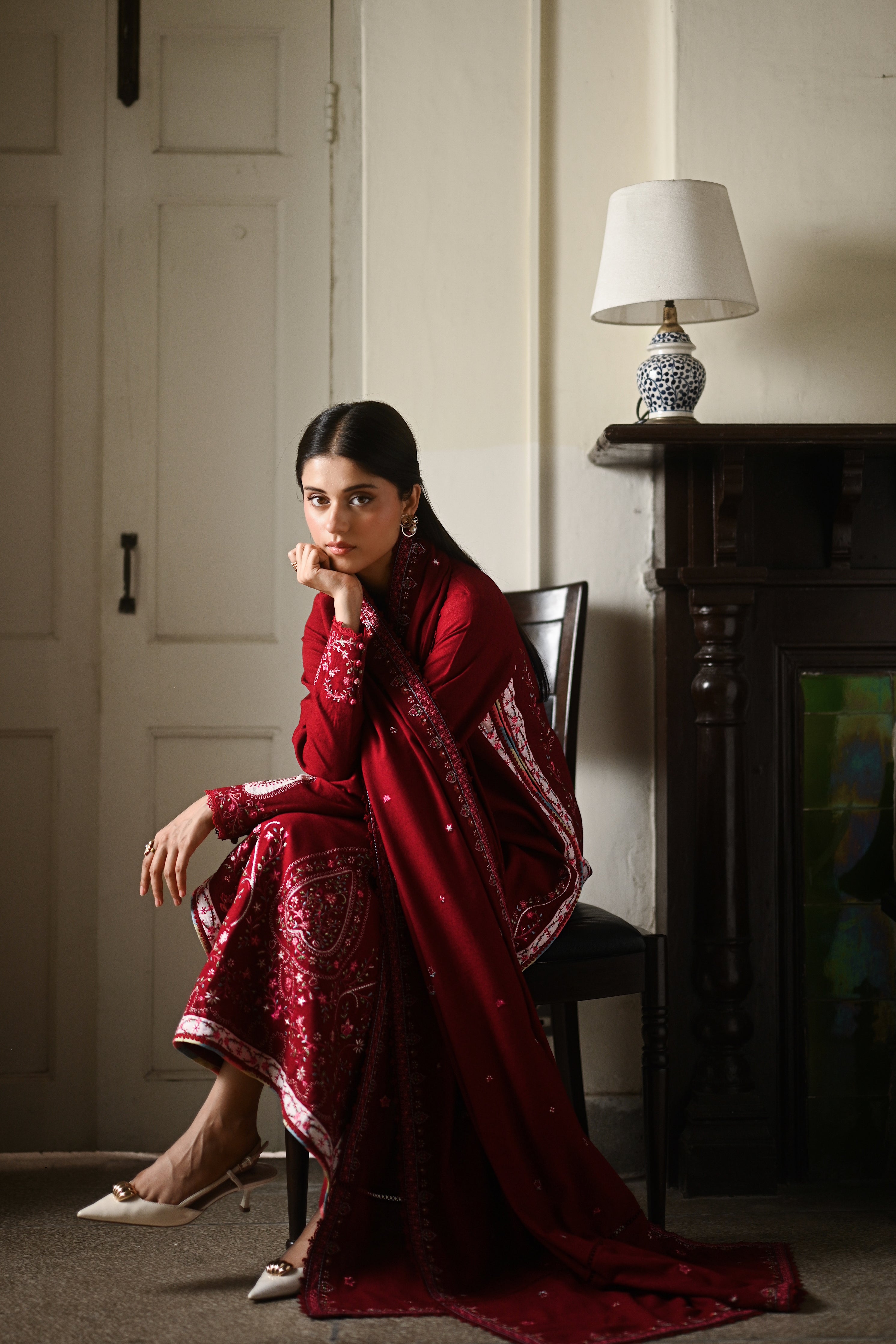 DEEP RED LUXURY EMBROIDERED KARANDI 3PCS SET (NPA3-25449)-READY TO WEAR