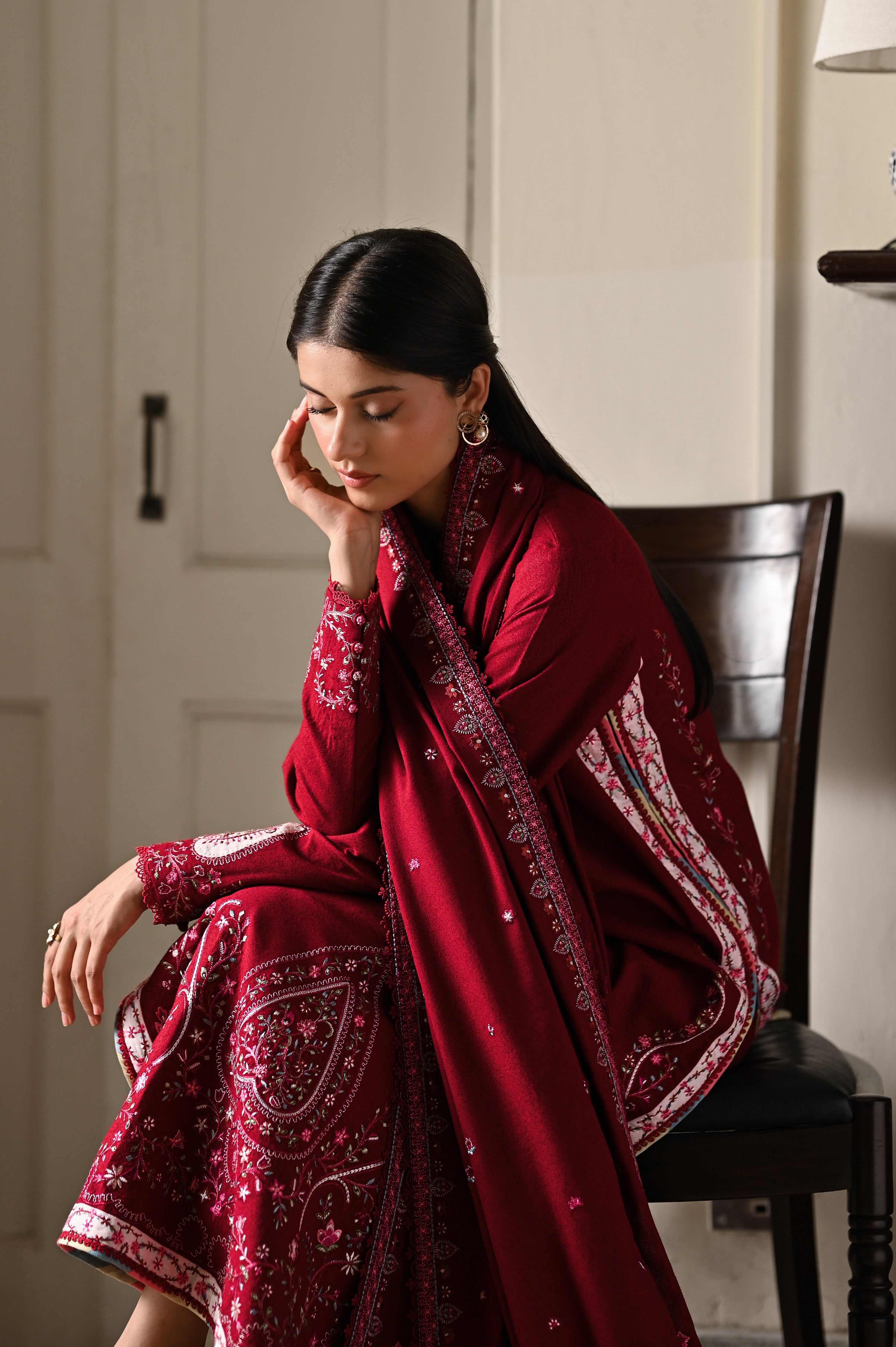 DEEP RED LUXURY EMBROIDERED KARANDI 3PCS SET (NPA3-25449)-READY TO WEAR