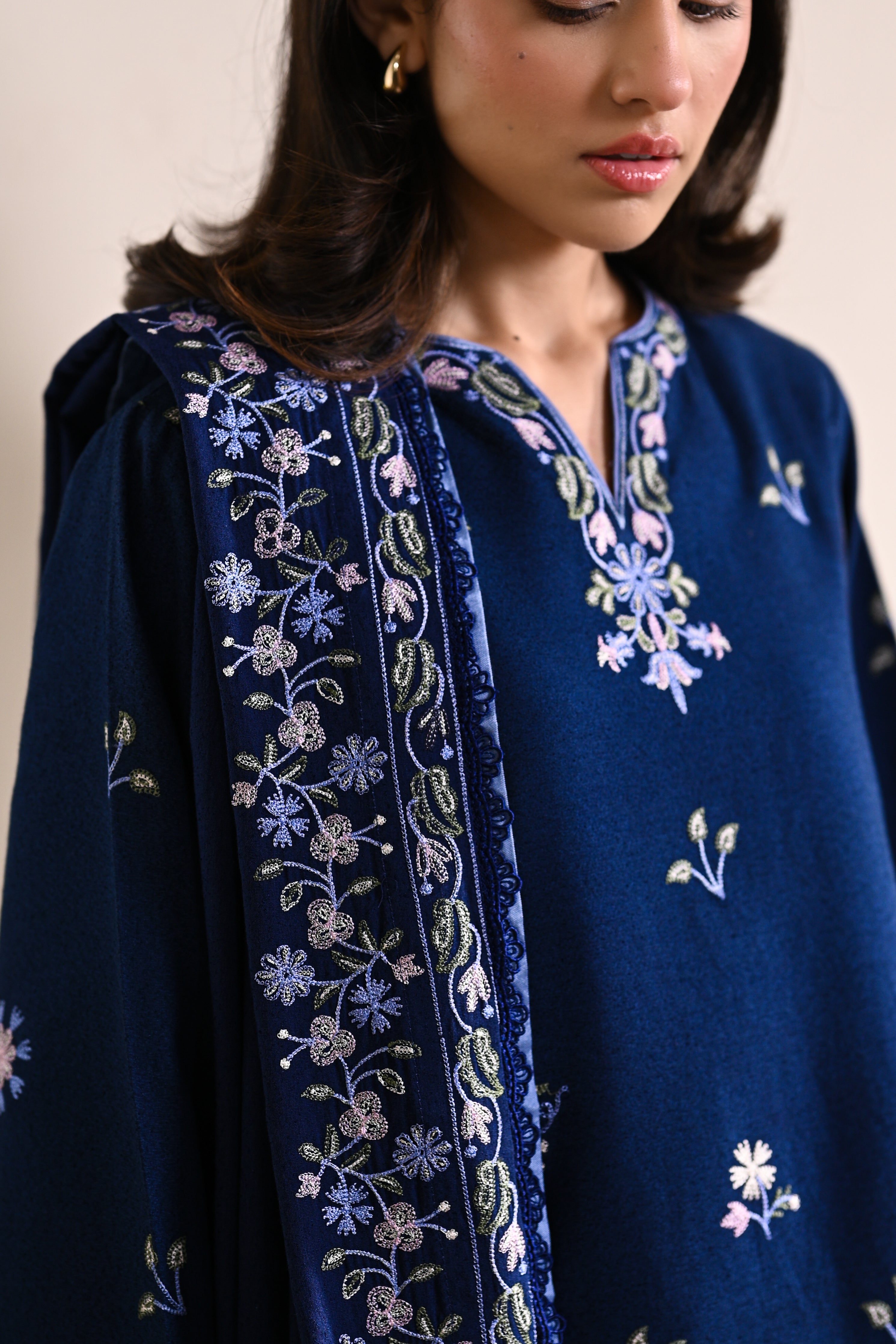 DARK BLUE LUXURY EMBROIDERED KARANDI 3PCS SET(NPA3-25443)-READY TO WEAR
