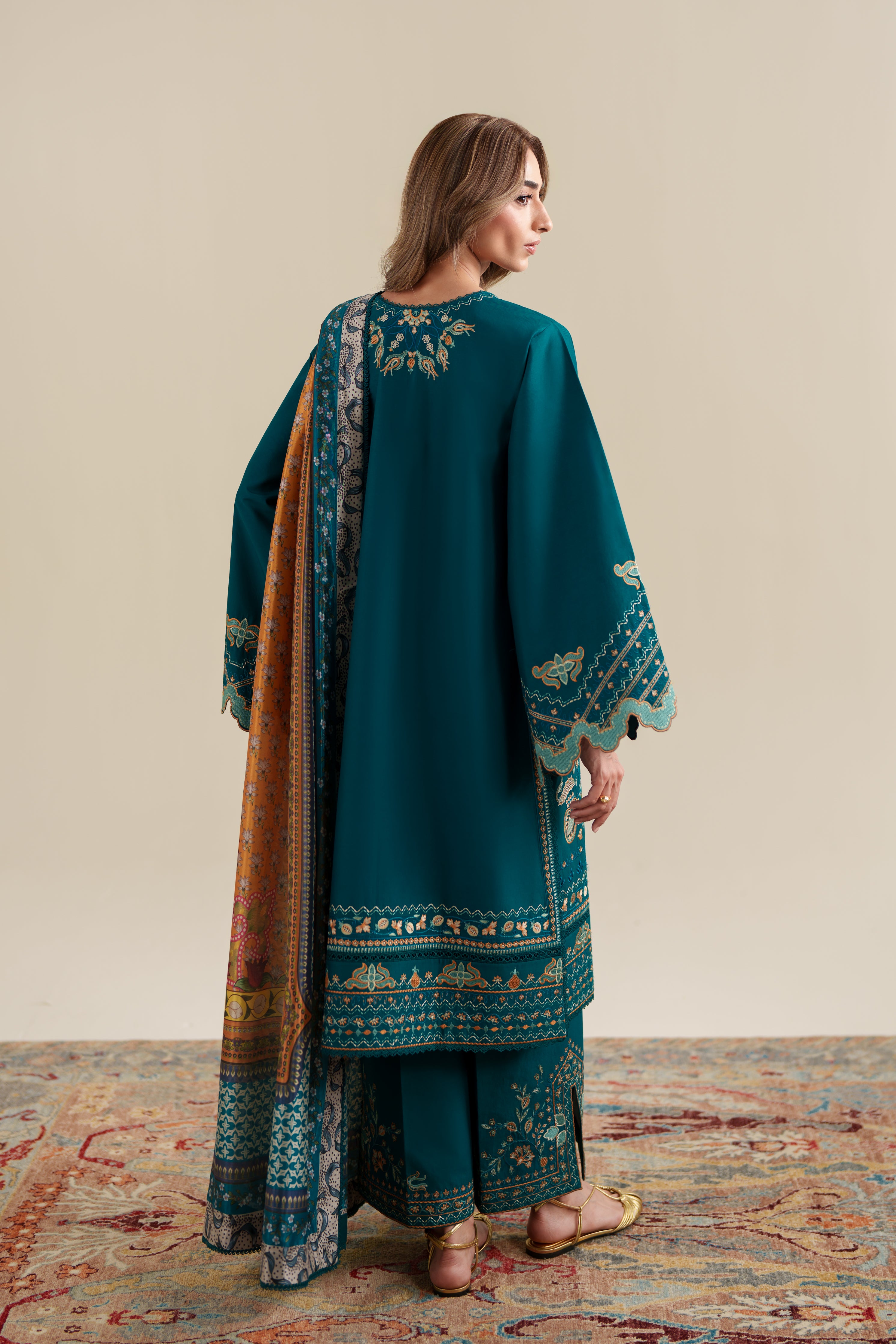 RICH TEAL LUXURY EMBROIDERED 3PCS SET (NPA3-26421) - READY TO WEAR x EID UL ADHA / EXPRESS SHIPPING FOR EID