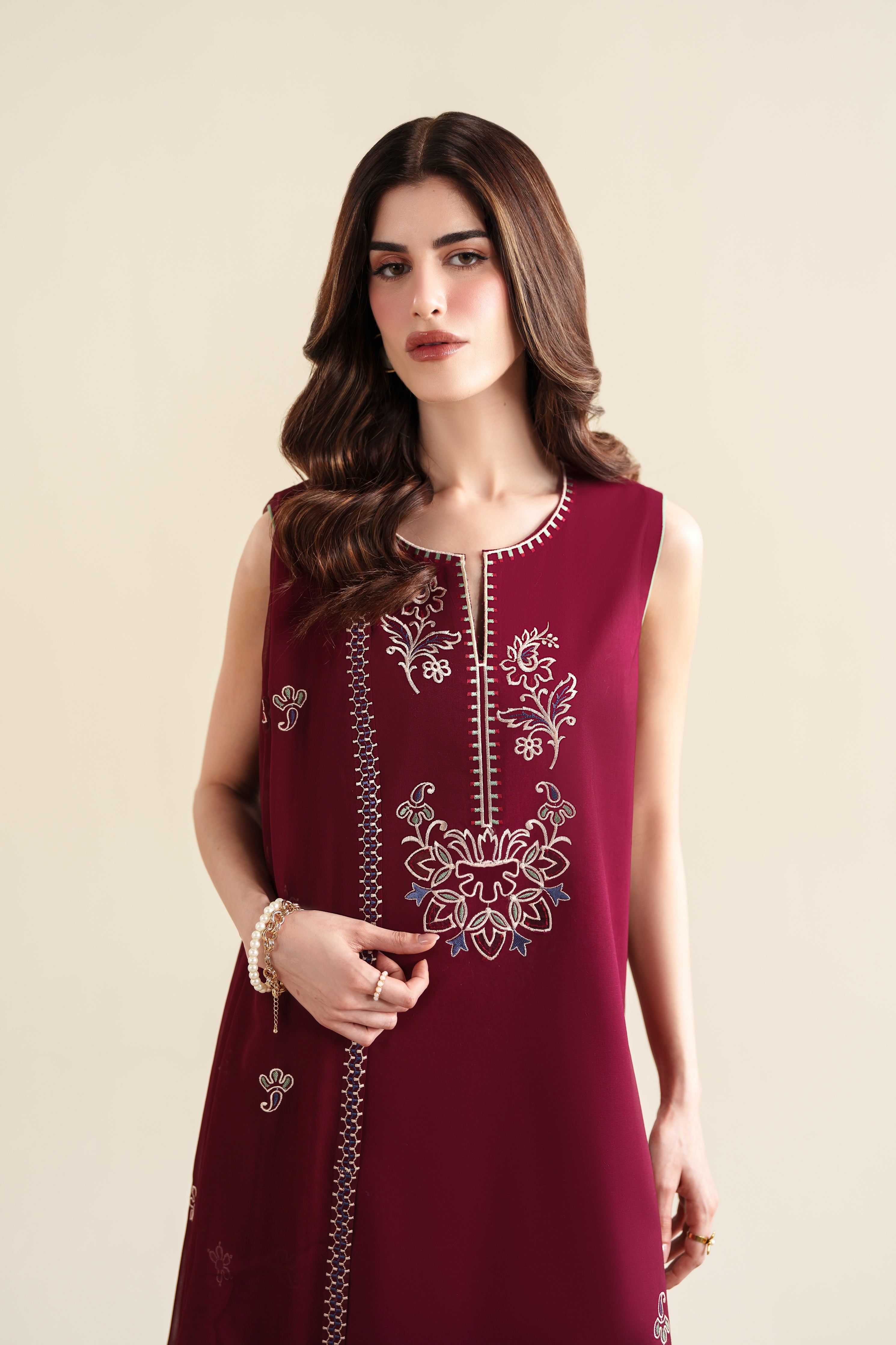 DEEP BURGUNDY LUXURY EMBROIDERED 3PCS SET (NPA3-26420) - READY TO WEAR