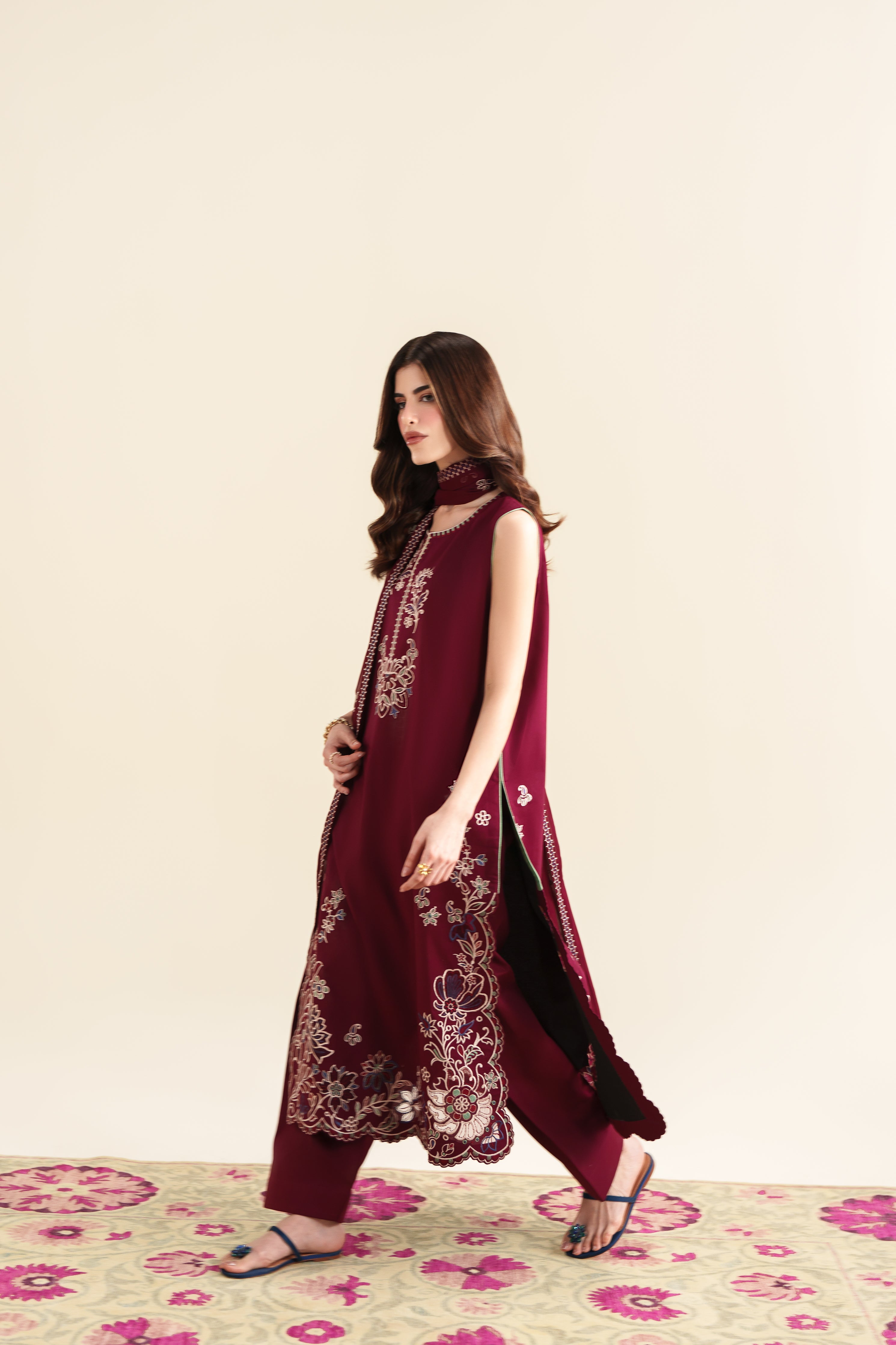 DEEP BURGUNDY LUXURY EMBROIDERED 3PCS SET (NPA3-26420) - READY TO WEAR