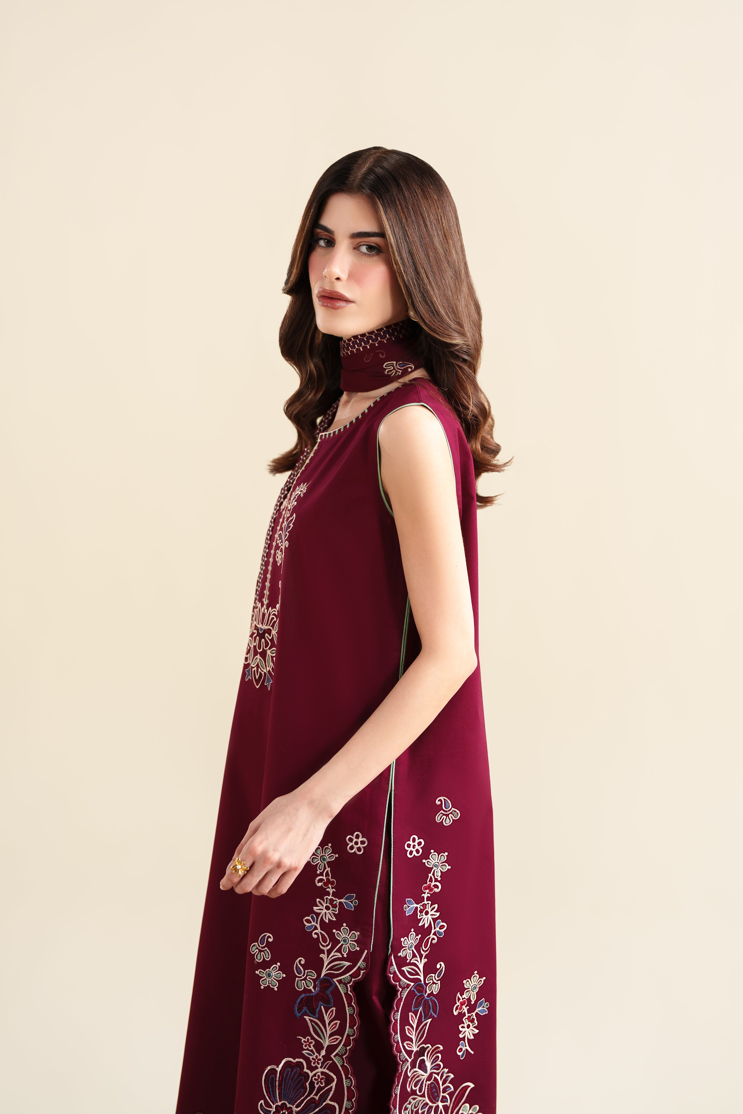 DEEP BURGUNDY LUXURY EMBROIDERED 3PCS SET (NPA3-26420) - READY TO WEAR