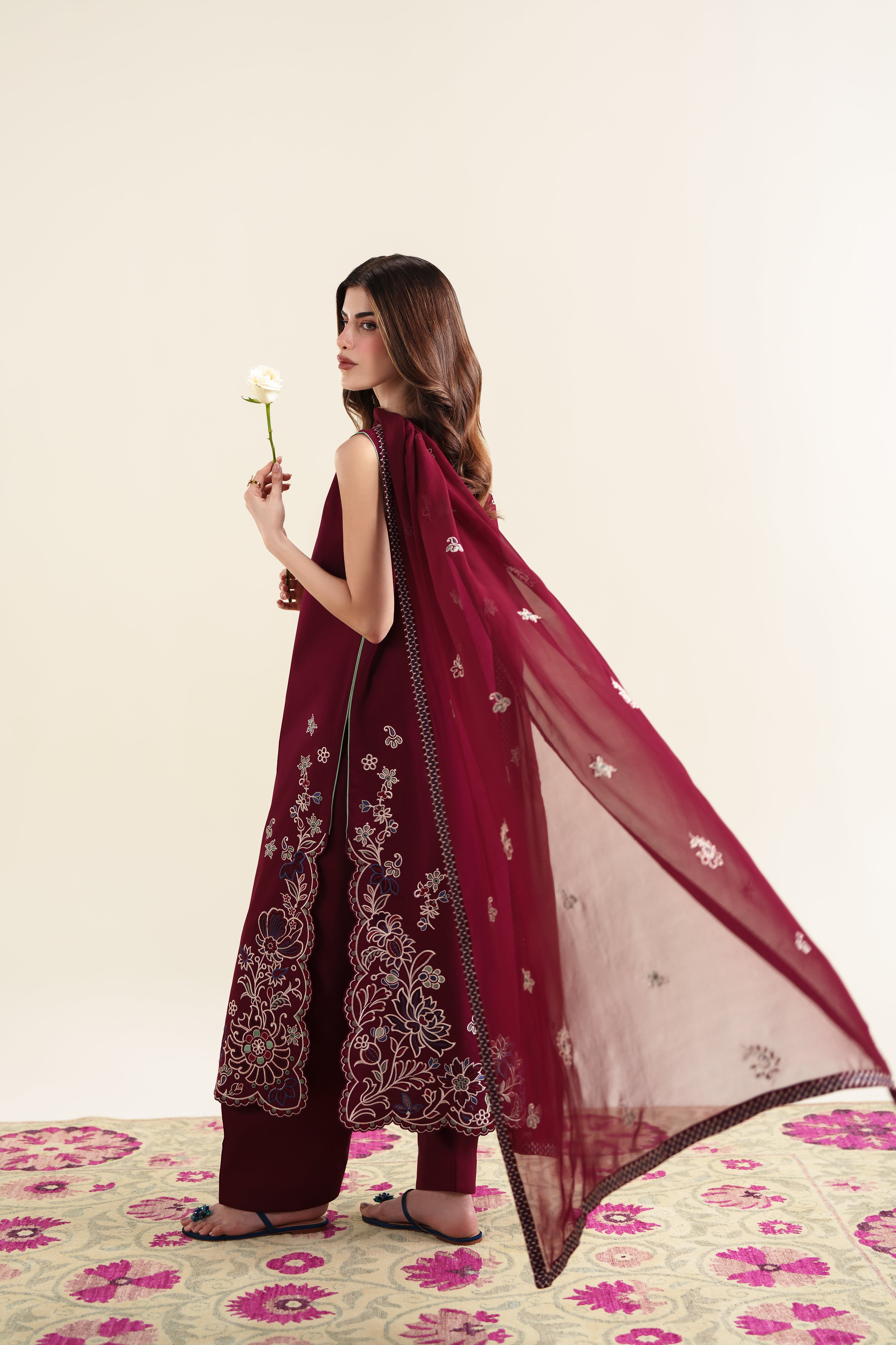 DEEP BURGUNDY LUXURY EMBROIDERED 3PCS SET (NPA3-26420) - READY TO WEAR
