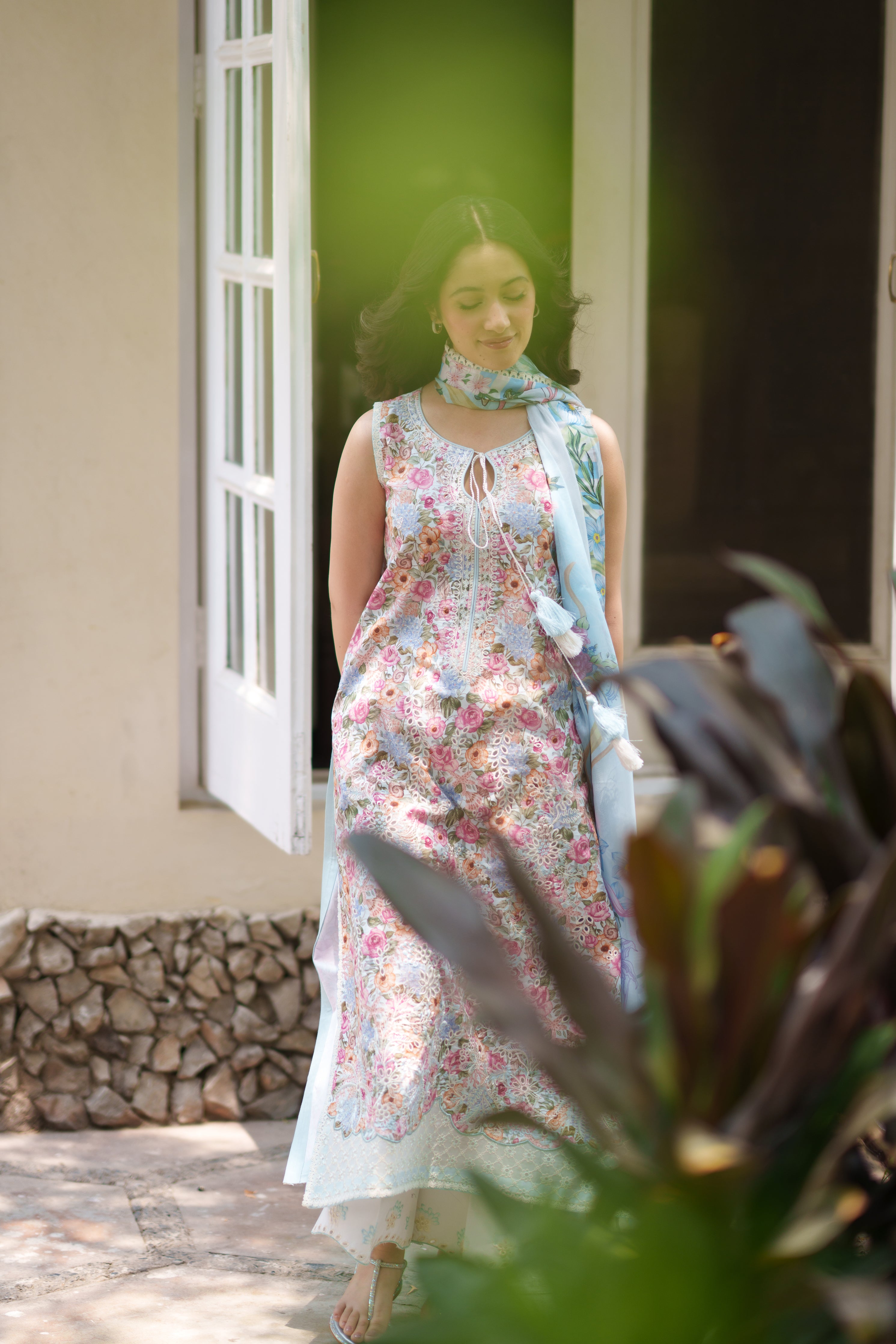 SOFT BLUE LUXURY EMBROIDERED PRINTED PREMIUM COTTON 3PCS SET (NEL-26628)