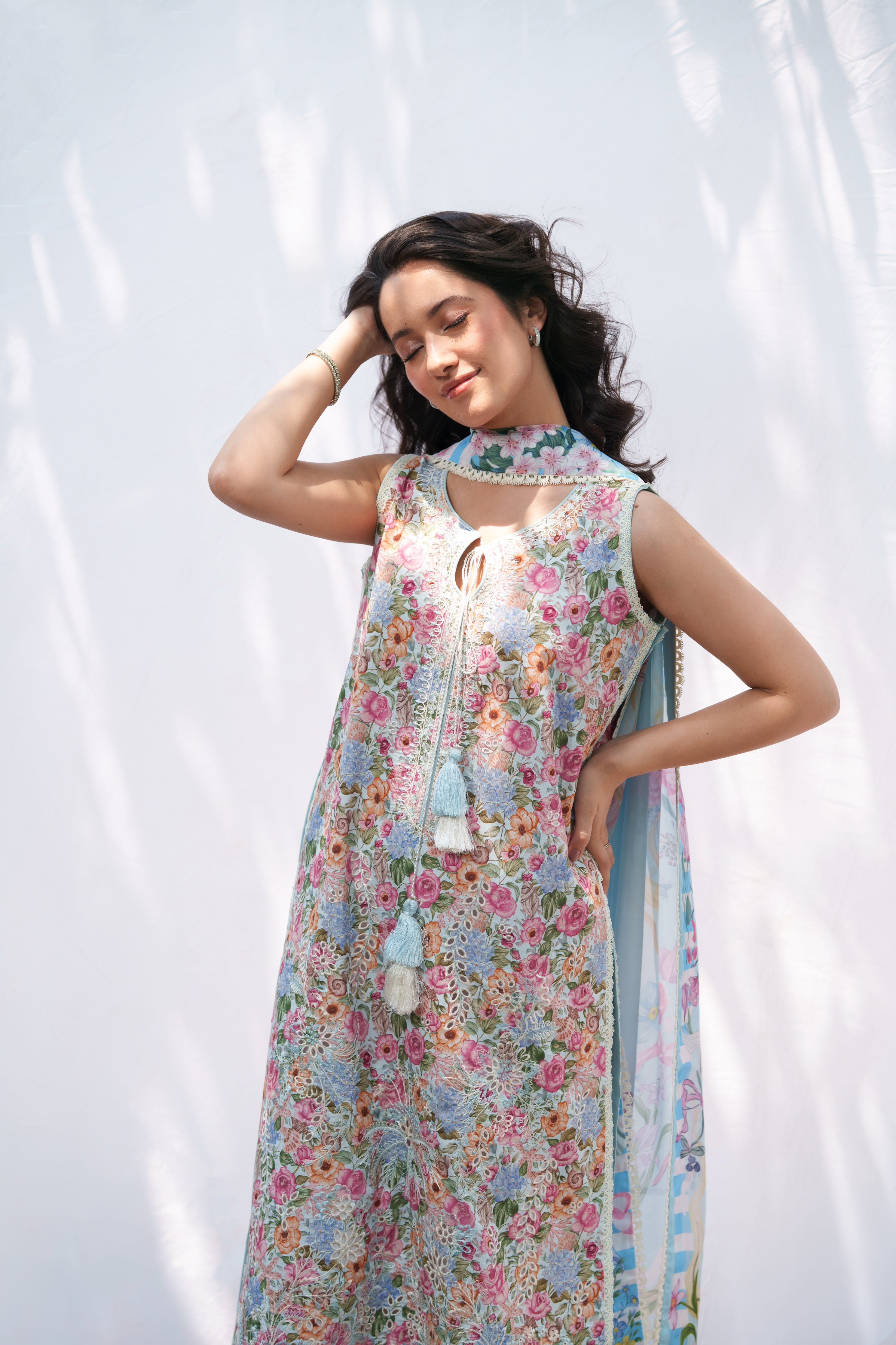 SOFT BLUE LUXURY EMBROIDERED PRINTED PREMIUM COTTON 3PCS SET (NEL-26628)