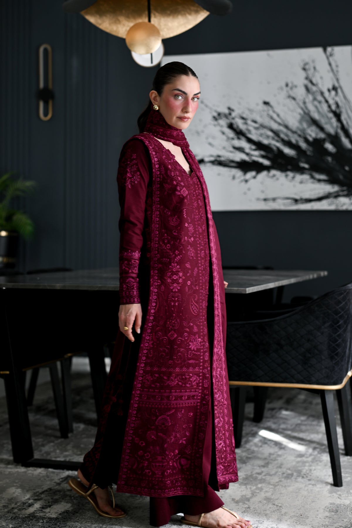 CELIA - BURGUNDY LUXURY EMBROIDERED KARANDI 3PCS SET (NEL-26637)