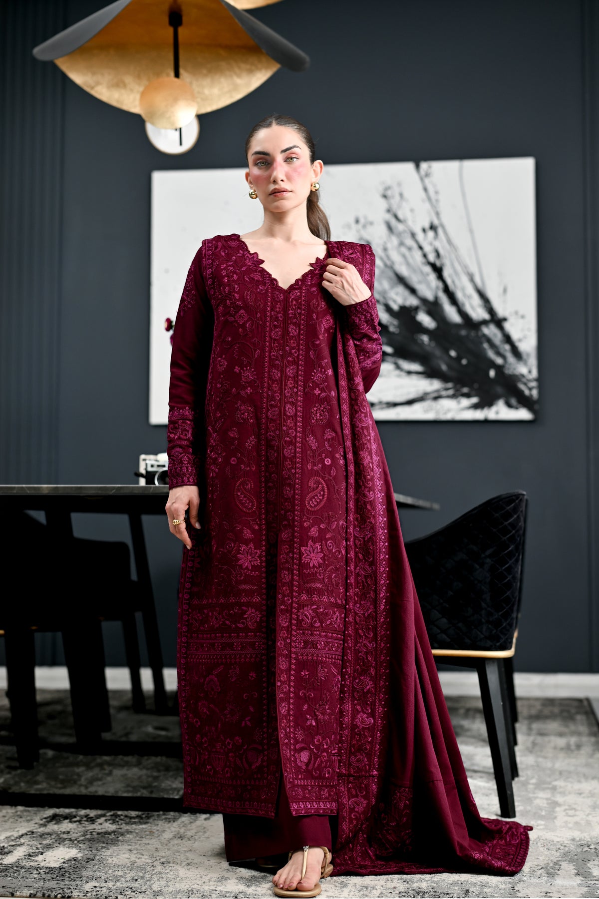 CELIA - BURGUNDY LUXURY EMBROIDERED KARANDI 3PCS SET (NEL-26637)