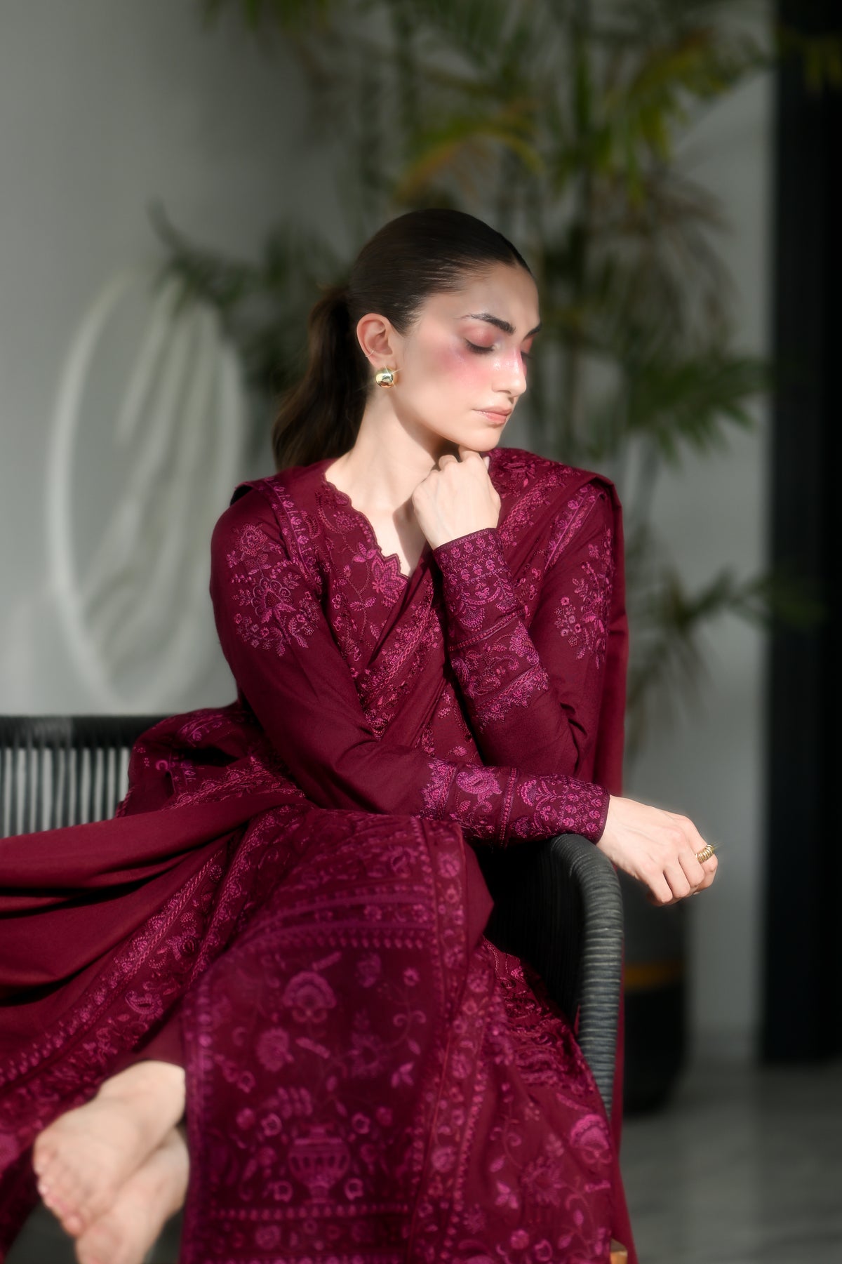 CELIA - BURGUNDY LUXURY EMBROIDERED KARANDI 3PCS SET (NEL-26637)