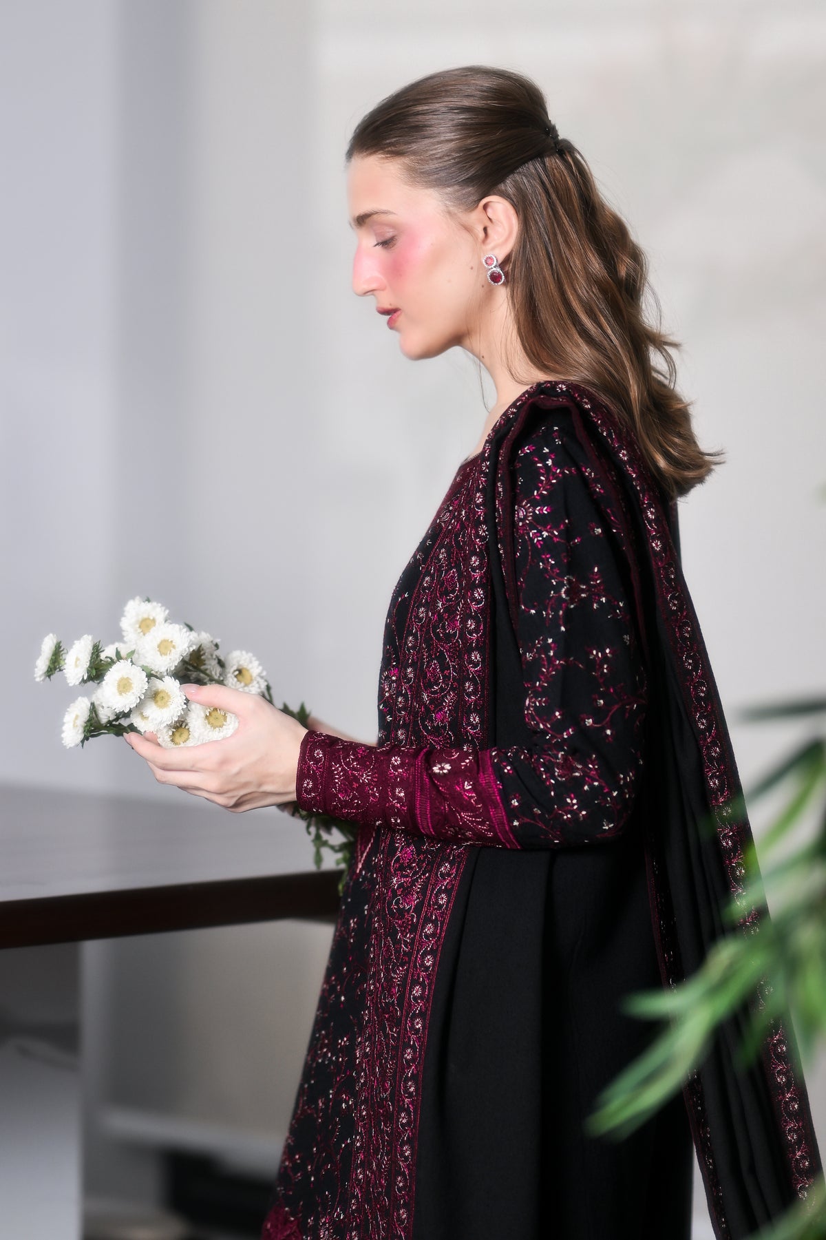 SOON - BLACK AND MAROON LUXURY EMBROIDERED KARANDI 3PCS SET (NEL-26643)