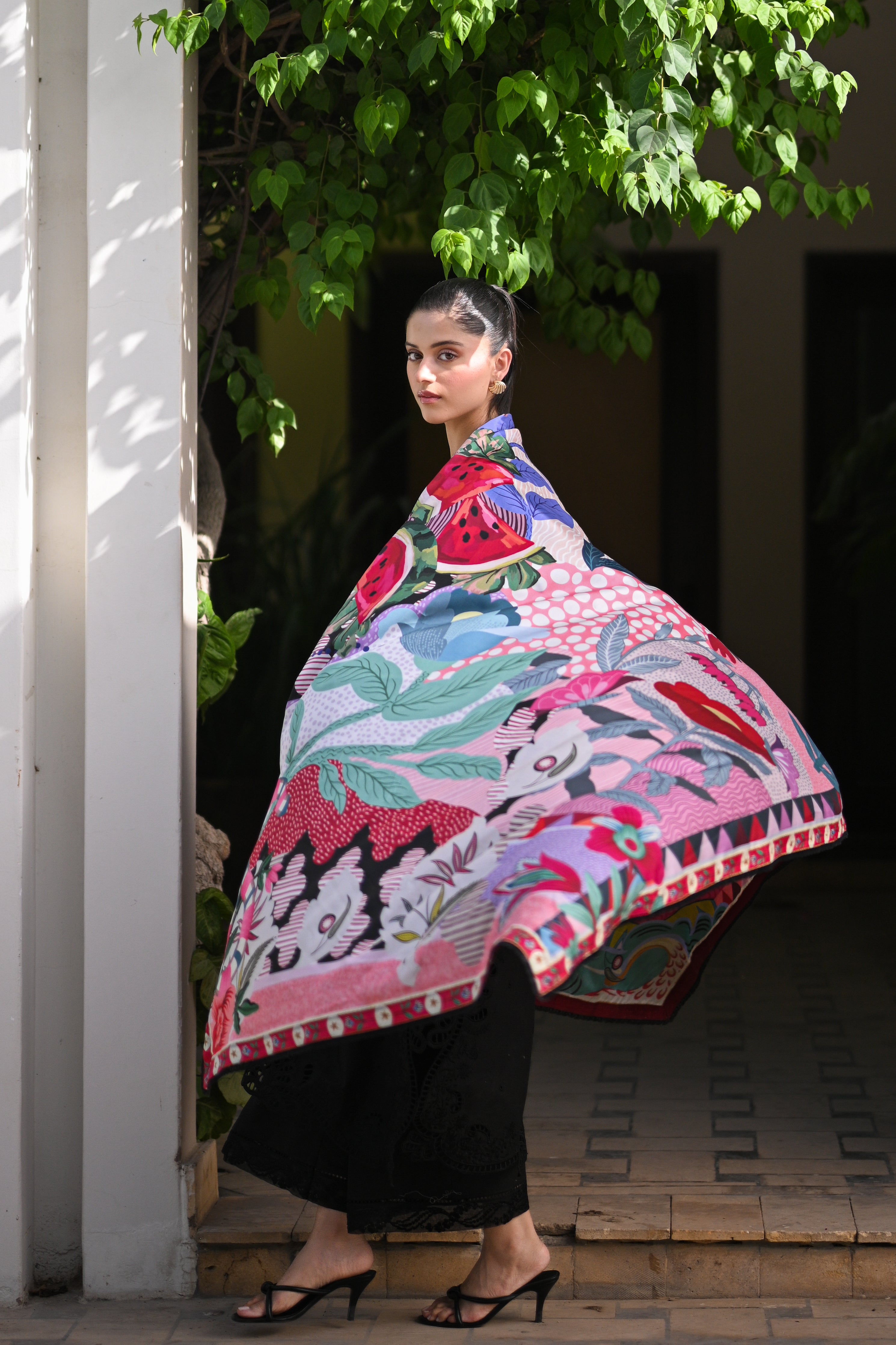 WATERMELON / BLACK LUXURY PRINTED EMBROIDERED LAWN SET (NEL-25611)