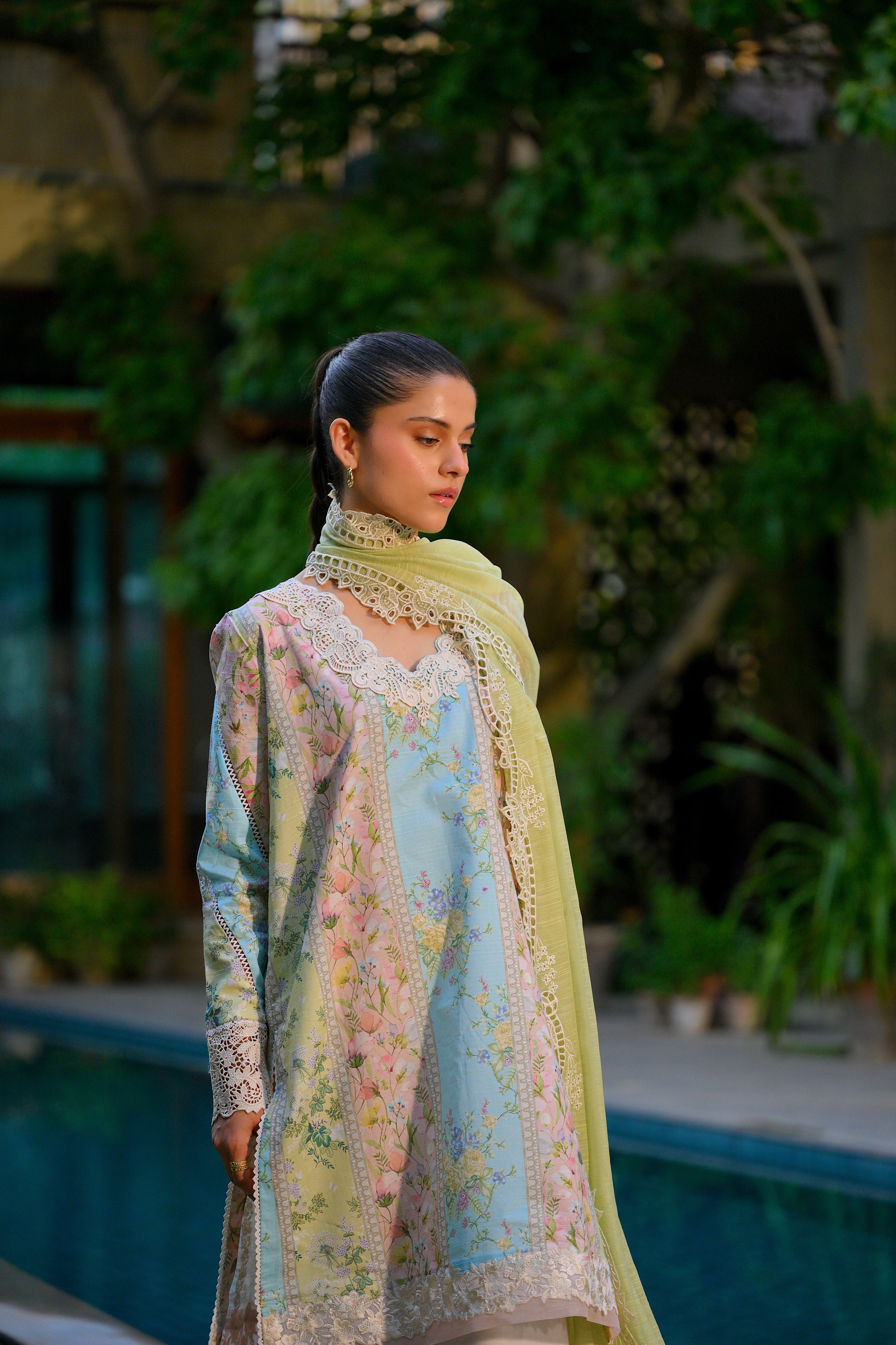 WHISPERS OF SUMMER / PISTACHIO LUXURY PRINTED EMBROIDERED LAWN SET (NEL-25620)