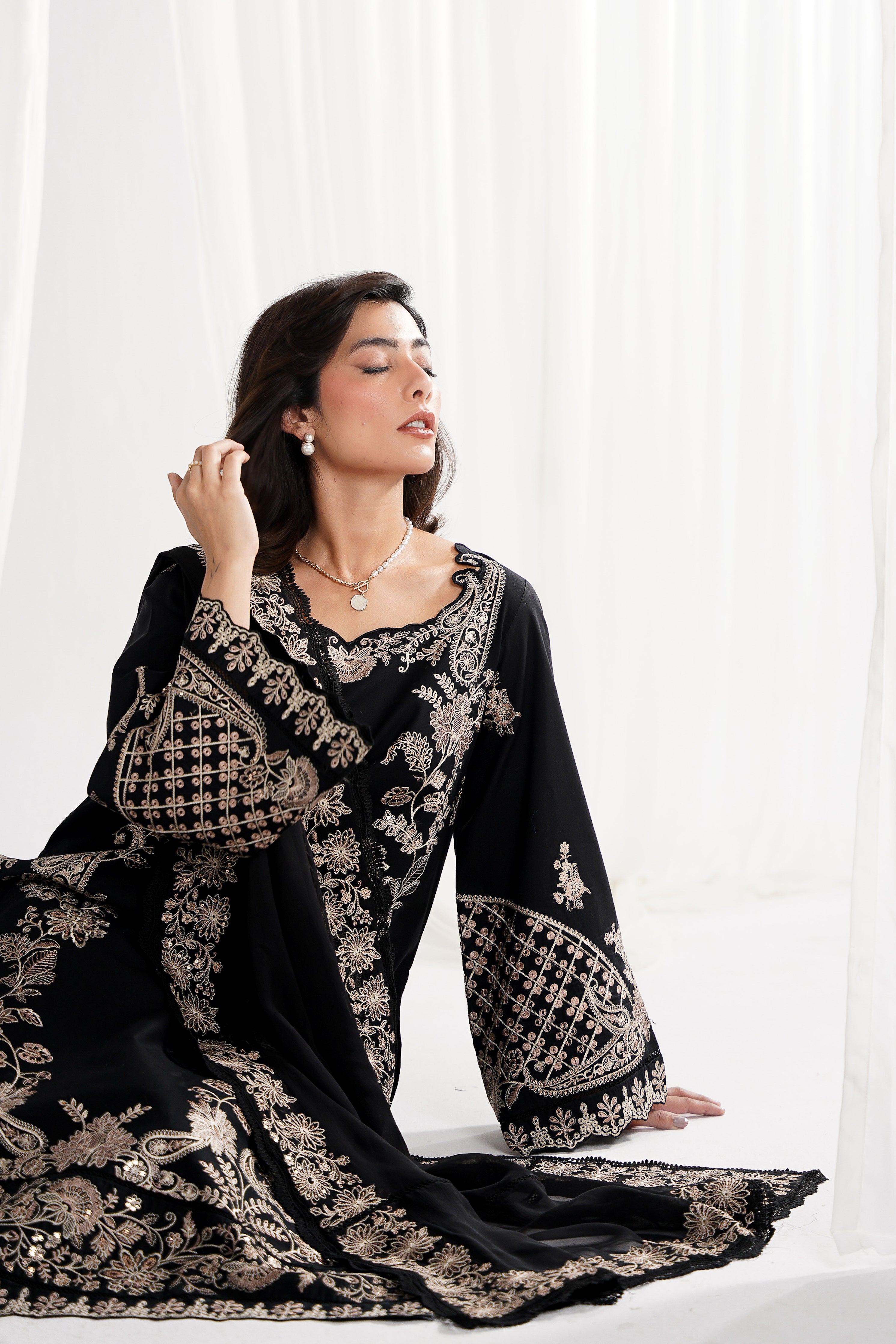 BLACK LUXURY EMBROIDERED 3PCS SET NPA3-25415 (EID 2025 READY TO WEAR) - EXPRESS SHIPPING