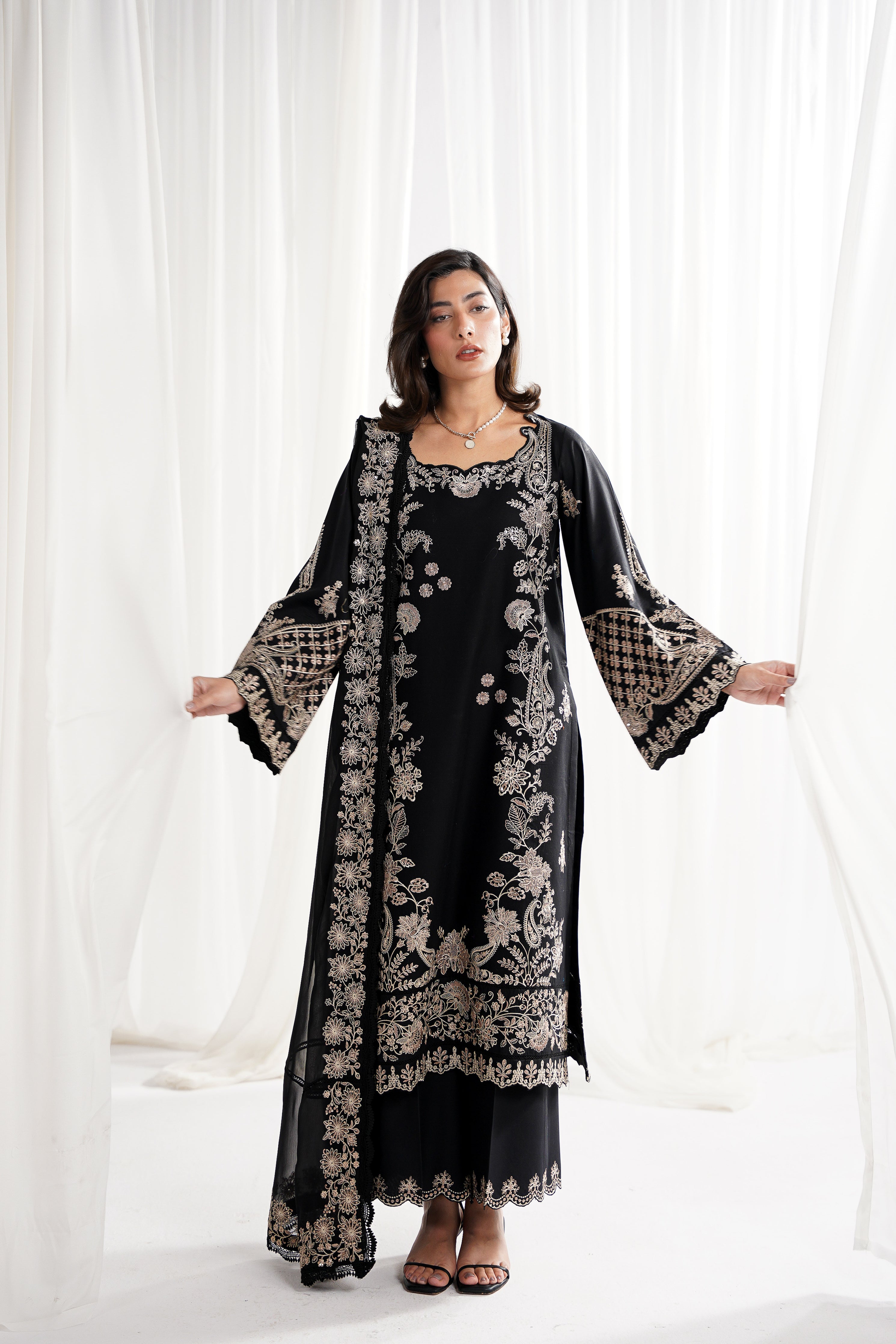 BLACK LUXURY EMBROIDERED 3PCS SET NPA3-25415 (EID 2025 READY TO WEAR) - EXPRESS SHIPPING
