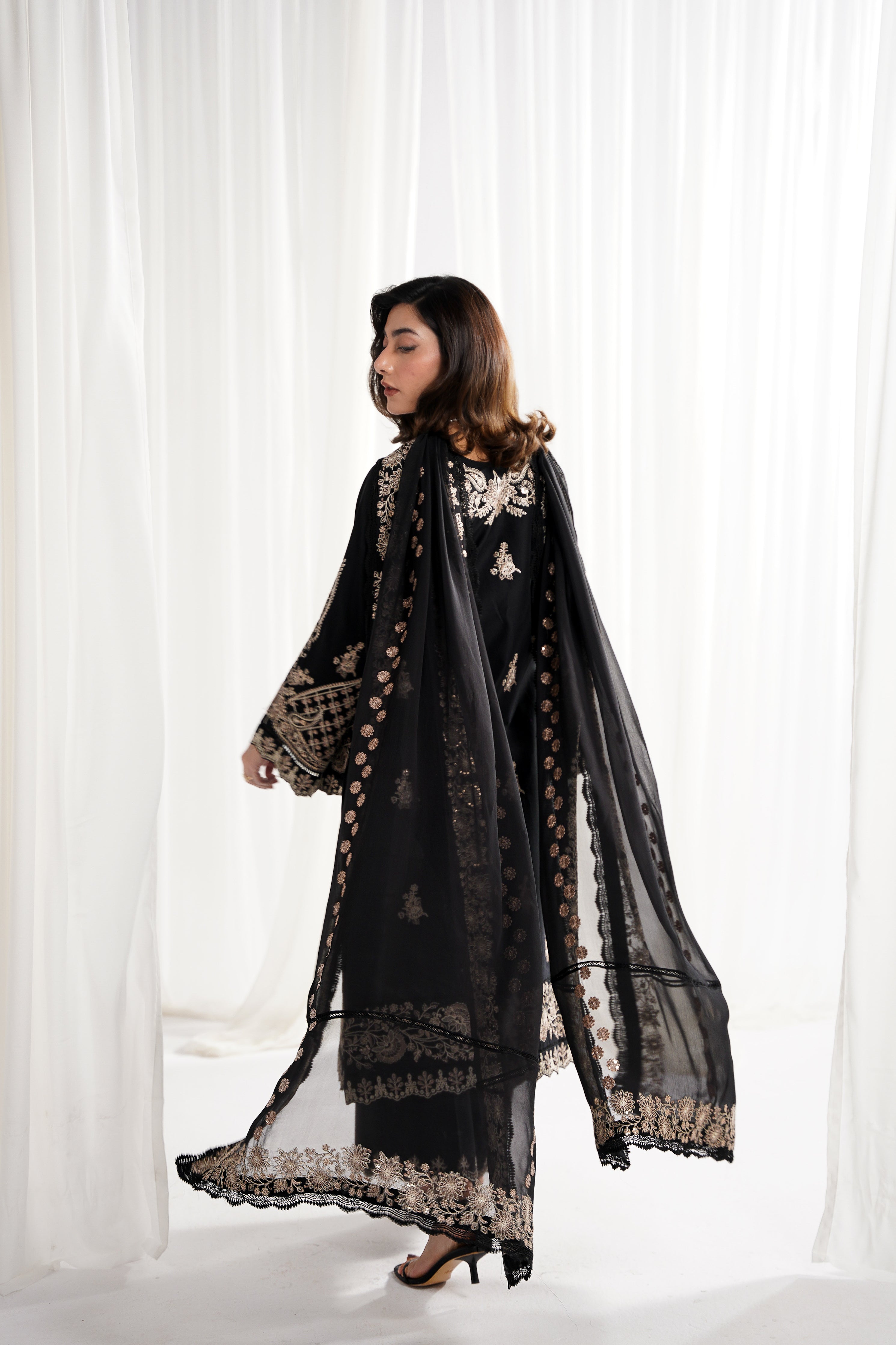BLACK LUXURY EMBROIDERED 3PCS SET NPA3-25415 (EID 2025 READY TO WEAR) - EXPRESS SHIPPING