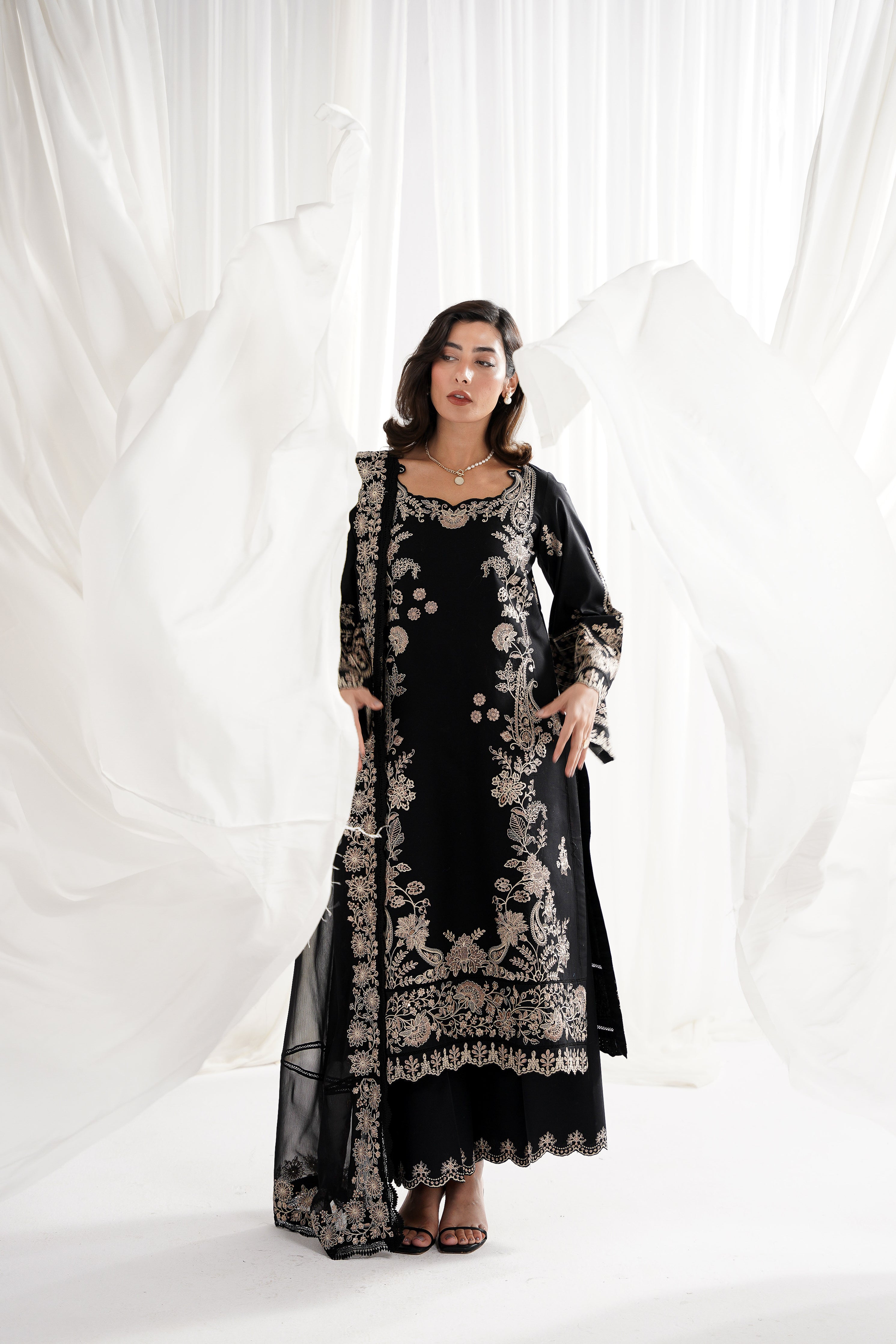 BLACK LUXURY EMBROIDERED 3PCS SET NPA3-25415 (EID 2025 READY TO WEAR) - EXPRESS SHIPPING