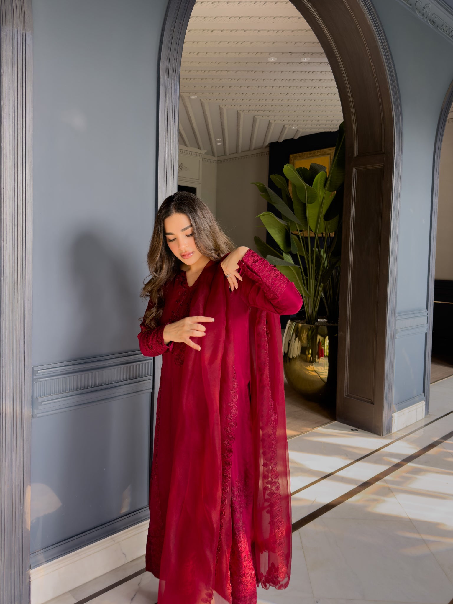 Manahil - EMBROIDERED SET WITH PURE ORGANZA DUPATTA NPA3-23413