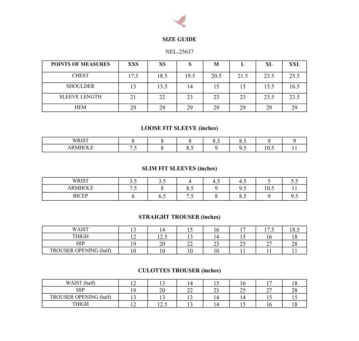 Size chart — ZINC GREEN LASER CUTWORK LUXURY EMBROIDERED KARANDI SET (NEL-25637)