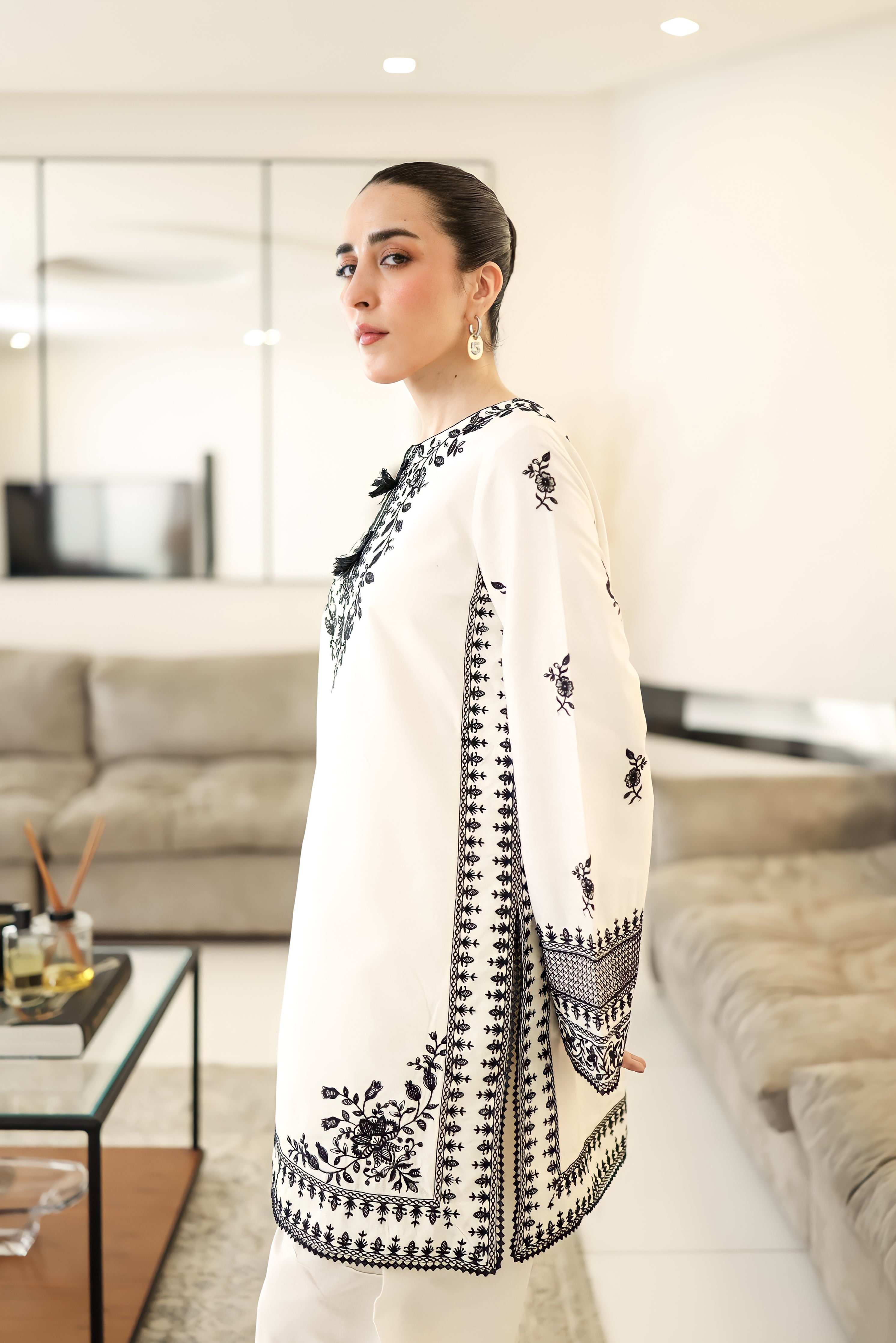 OFF-WHITE & BLACK LUXURY EMBROIDERED FARSHI SET (NPA2-25302)-READY TO WEAR