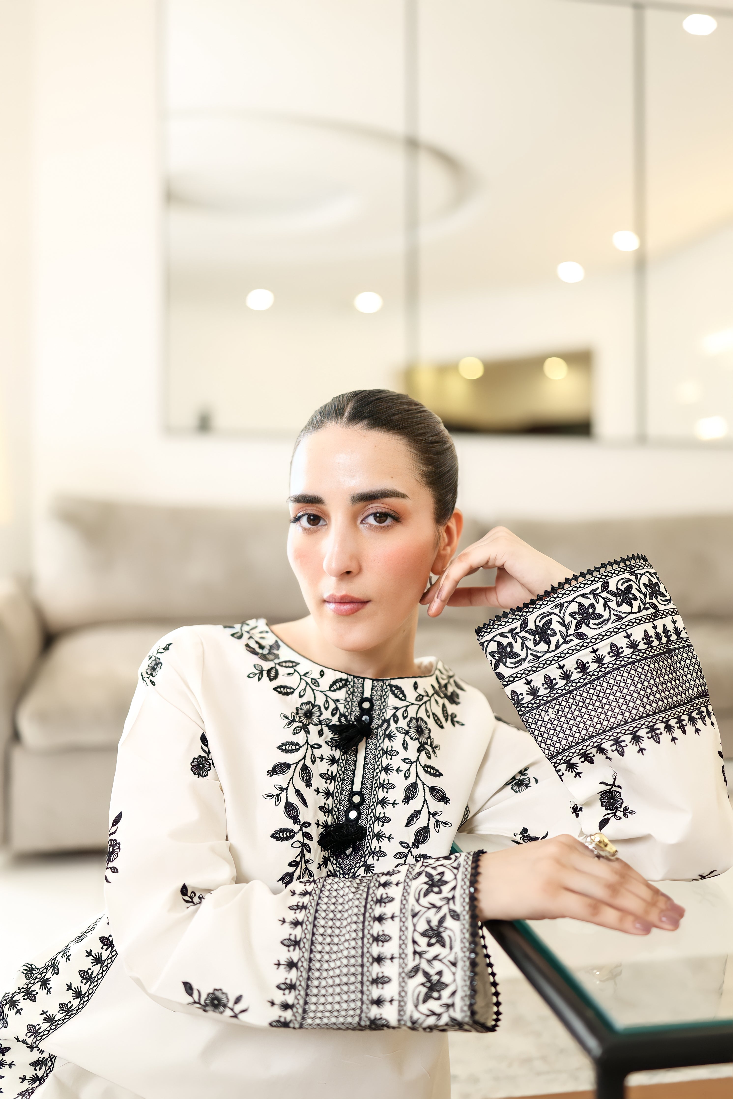 OFF-WHITE & BLACK LUXURY EMBROIDERED FARSHI SET (NPA2-25302)-READY TO WEAR
