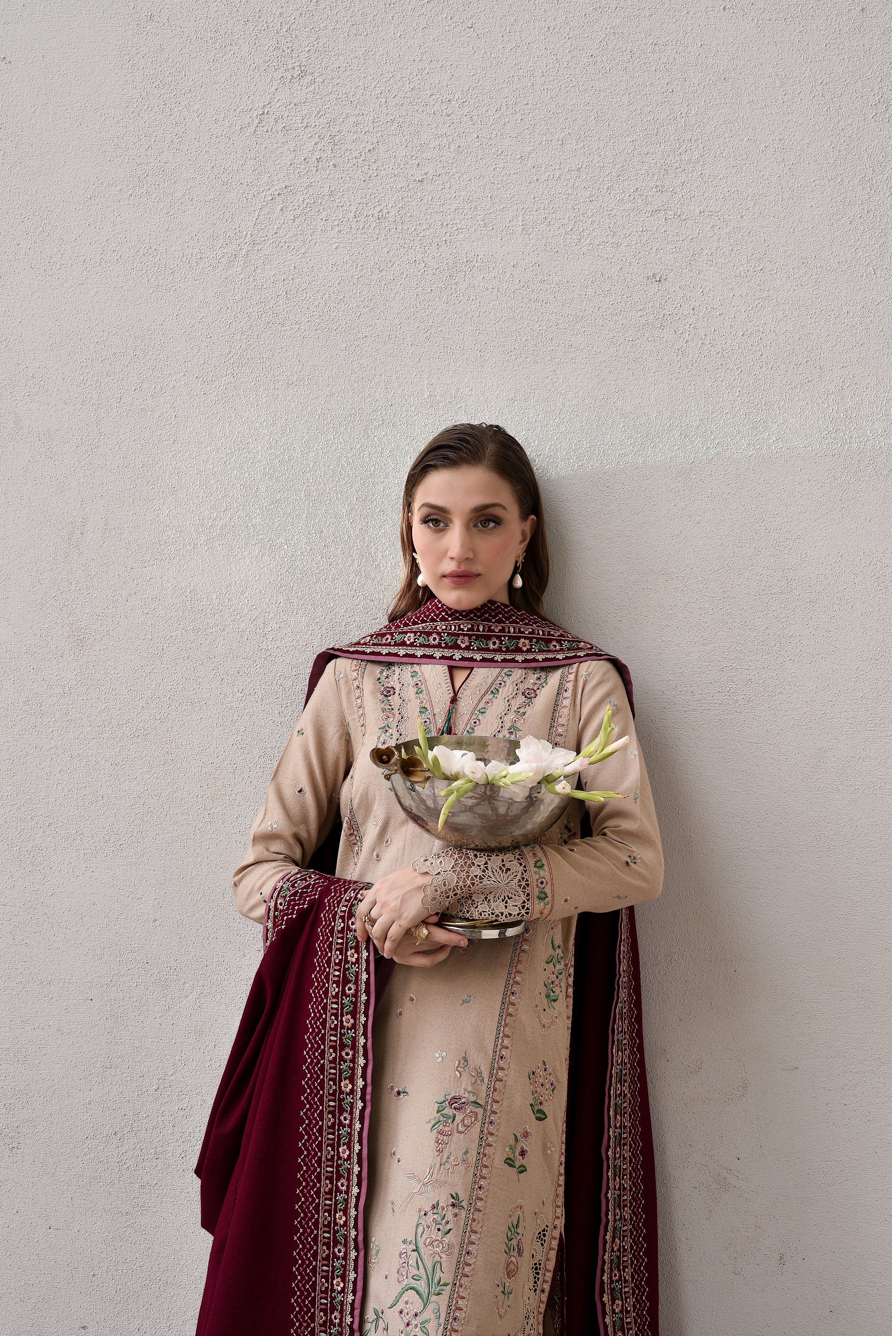 BEIGE & BURGUNDY LUXURY EMBROIDERED KARANDI SET (NEL-25628)