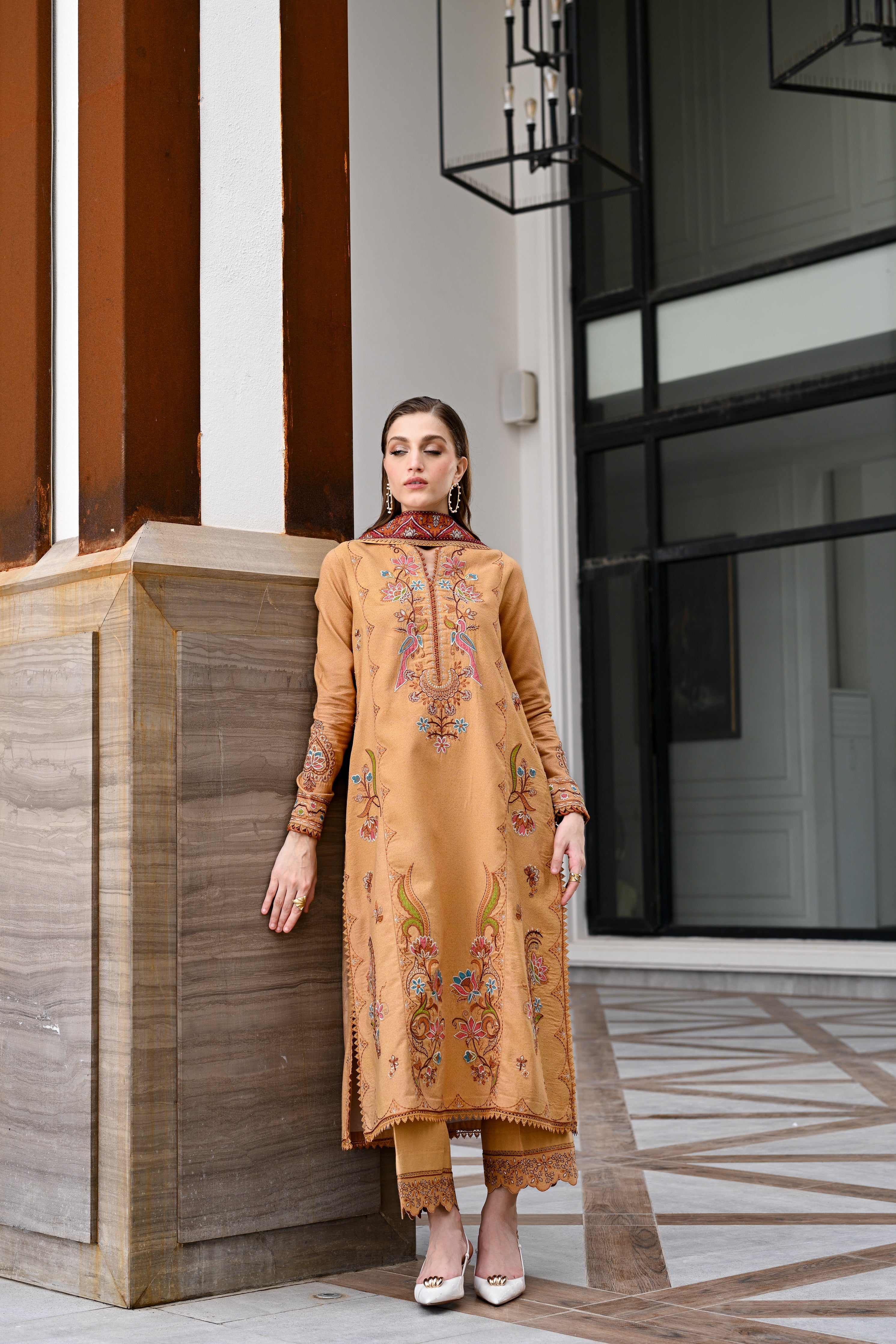 MUSTARD LUXURY EMBROIDERED KARANDI SET (NEL-25631)
