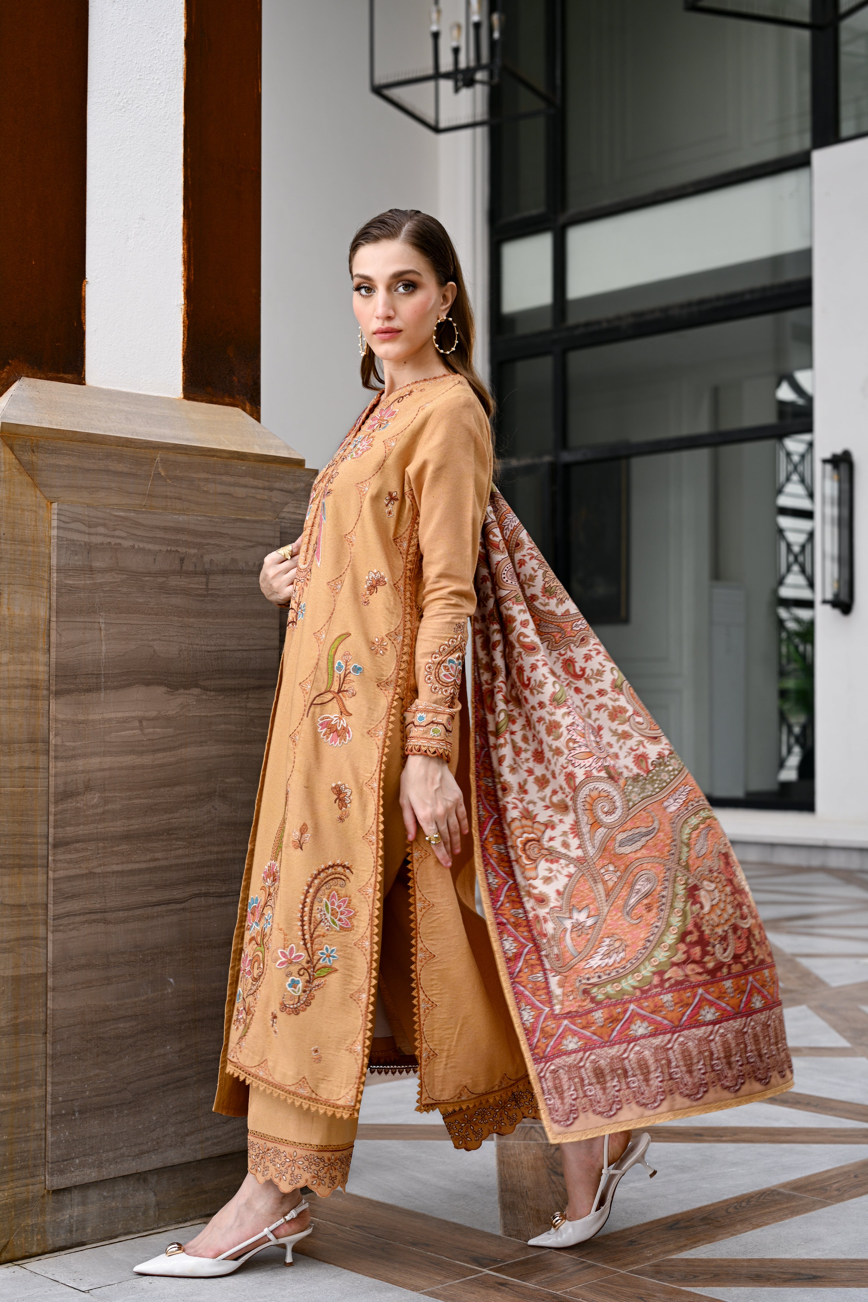 MUSTARD LUXURY EMBROIDERED KARANDI SET (NEL-25631)