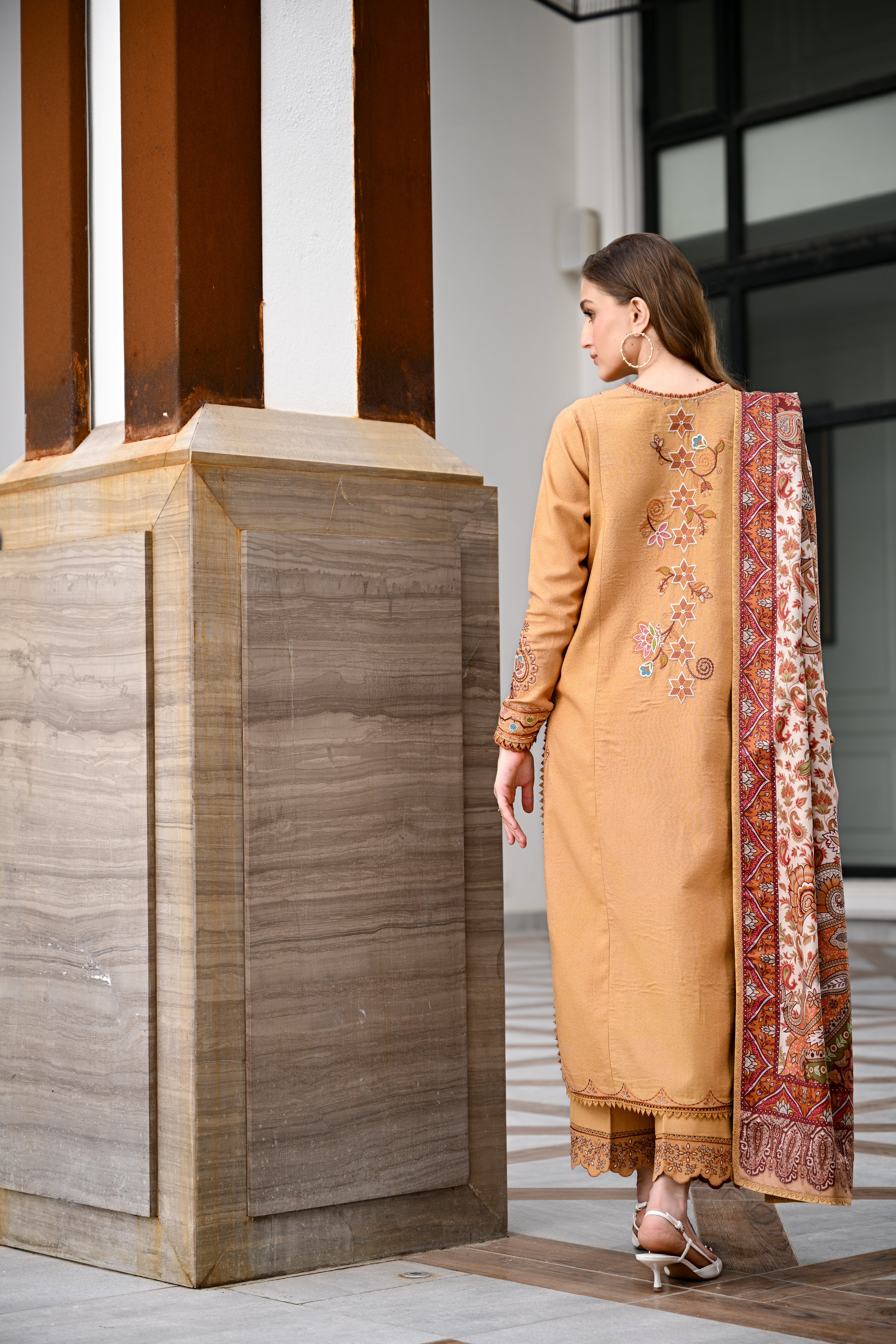 MUSTARD LUXURY EMBROIDERED KARANDI SET (NEL-25631)