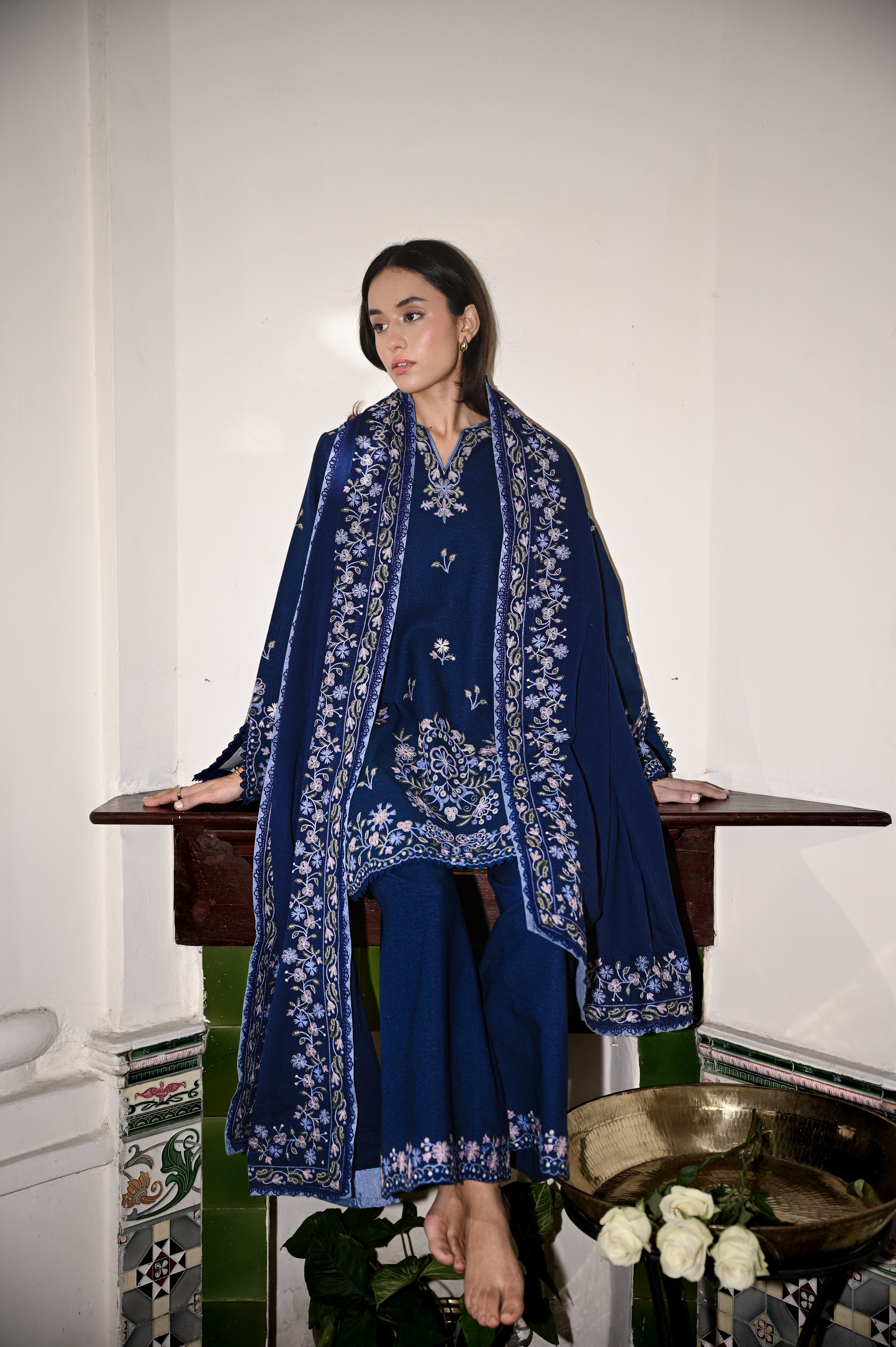 DARK BLUE LUXURY EMBROIDERED KARANDI 3PCS SET(NPA3-25443)-READY TO WEAR