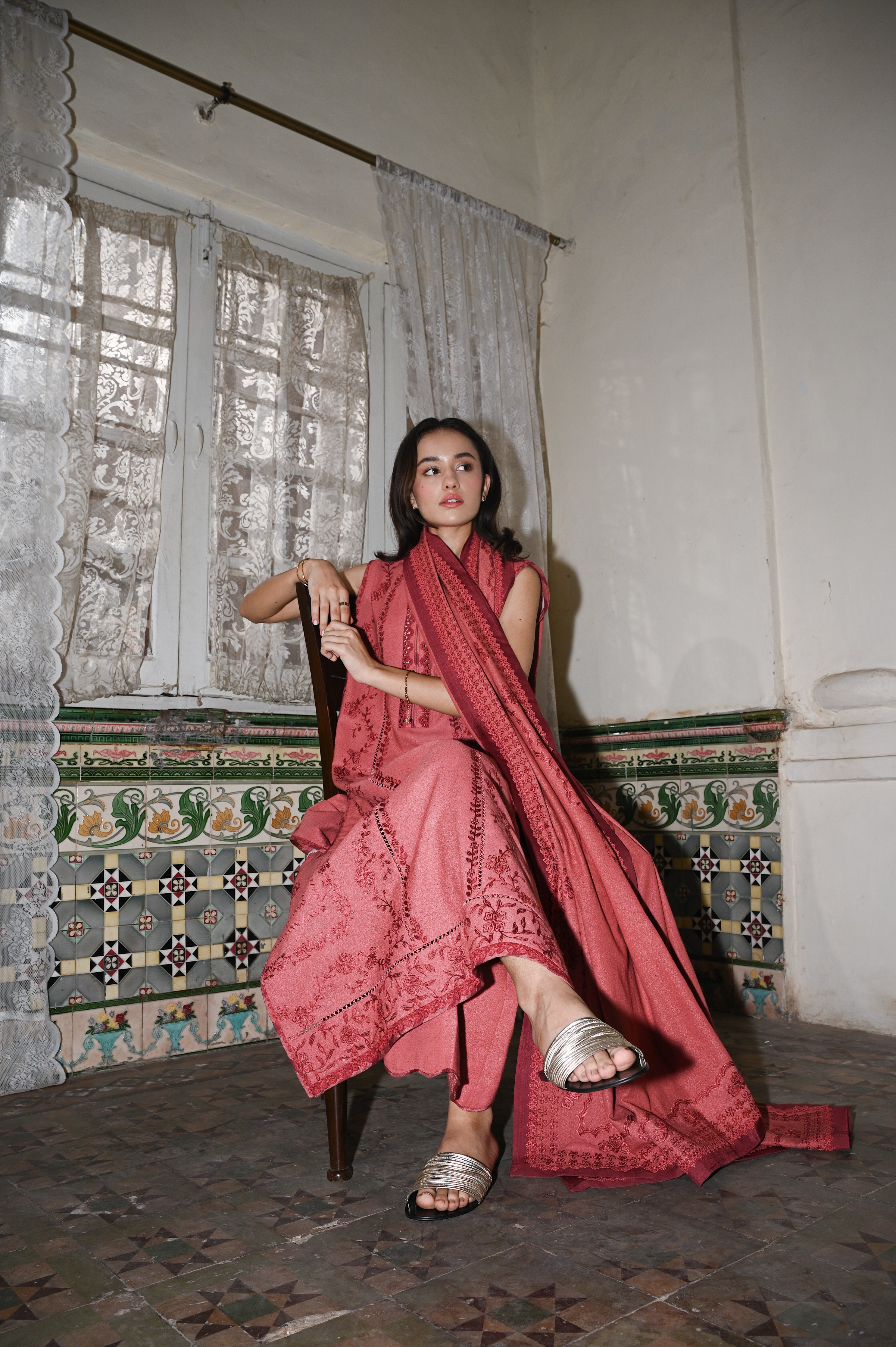 PEACHY PINK LUXURY EMBROIDERED KARANDI 3PCS SET (NPA3-25447)-READY TO WEAR