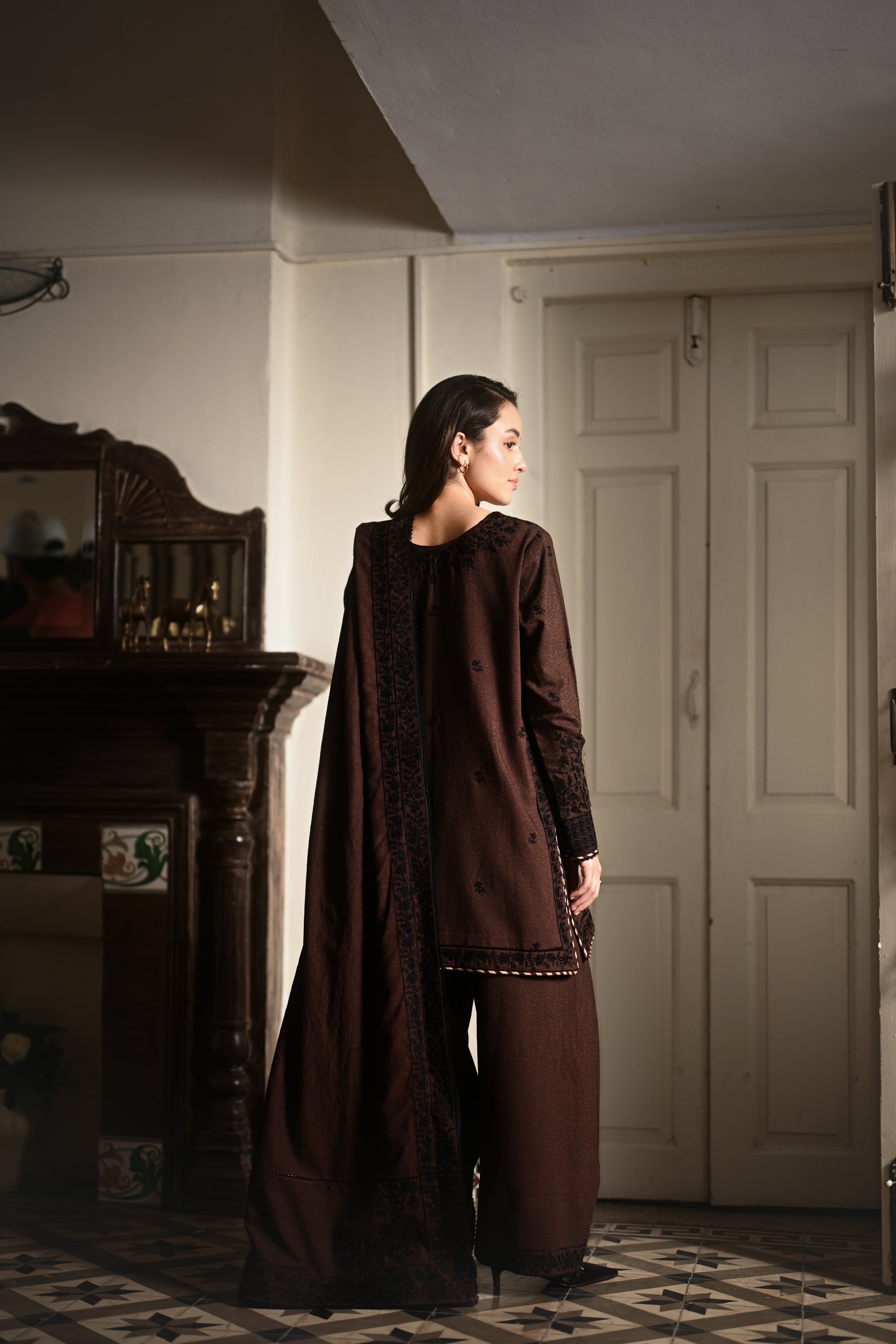 CHOCOLATE BROWN LUXURY EMBROIDERED KARANDI 3PCS SET (NPA3-25441)-READY TO WEAR