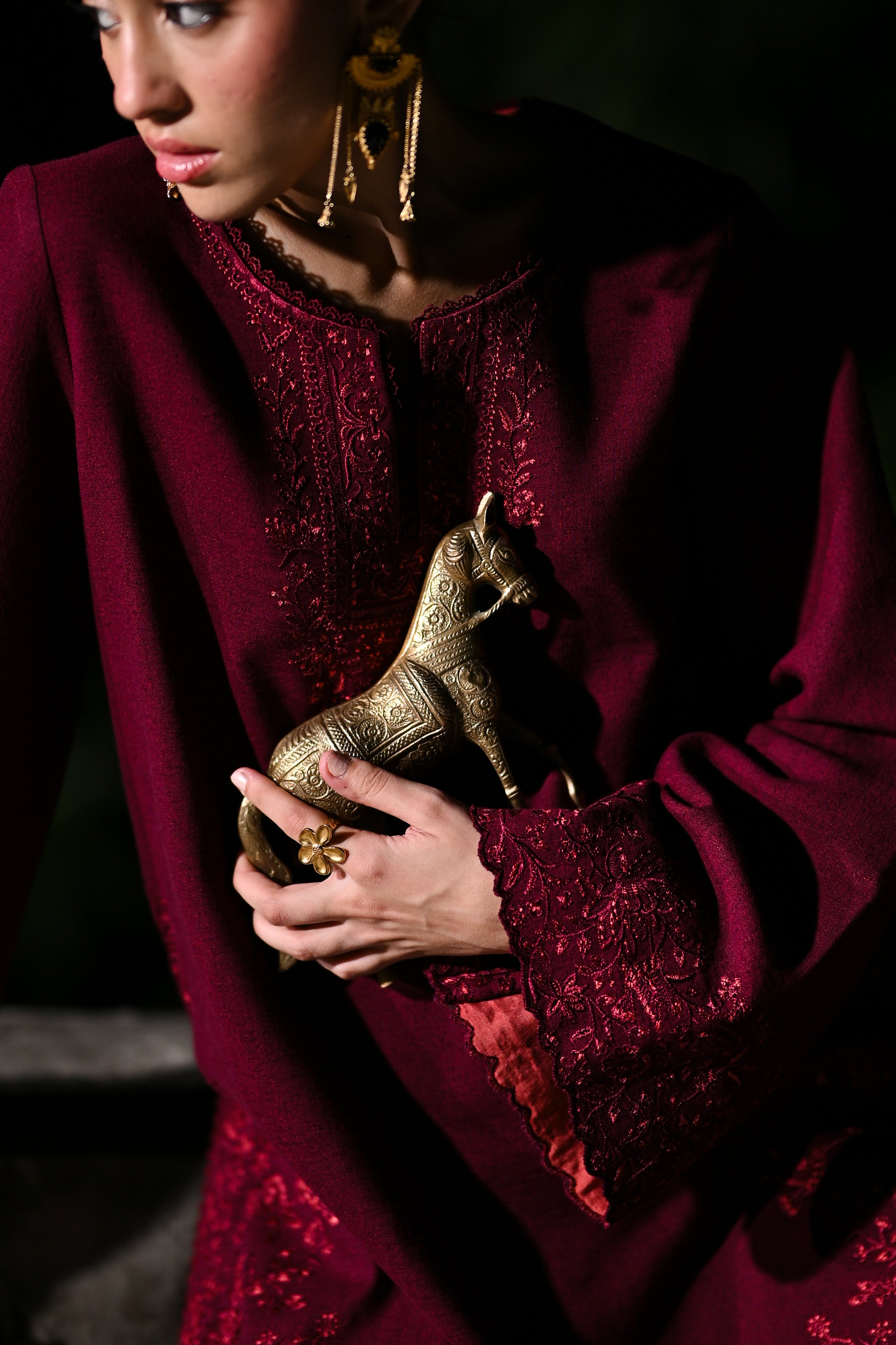 BURGUNDY LUXURY EMBROIDERED KARANDI 2PCS SET (NPA2-25315)-READY TO WEAR