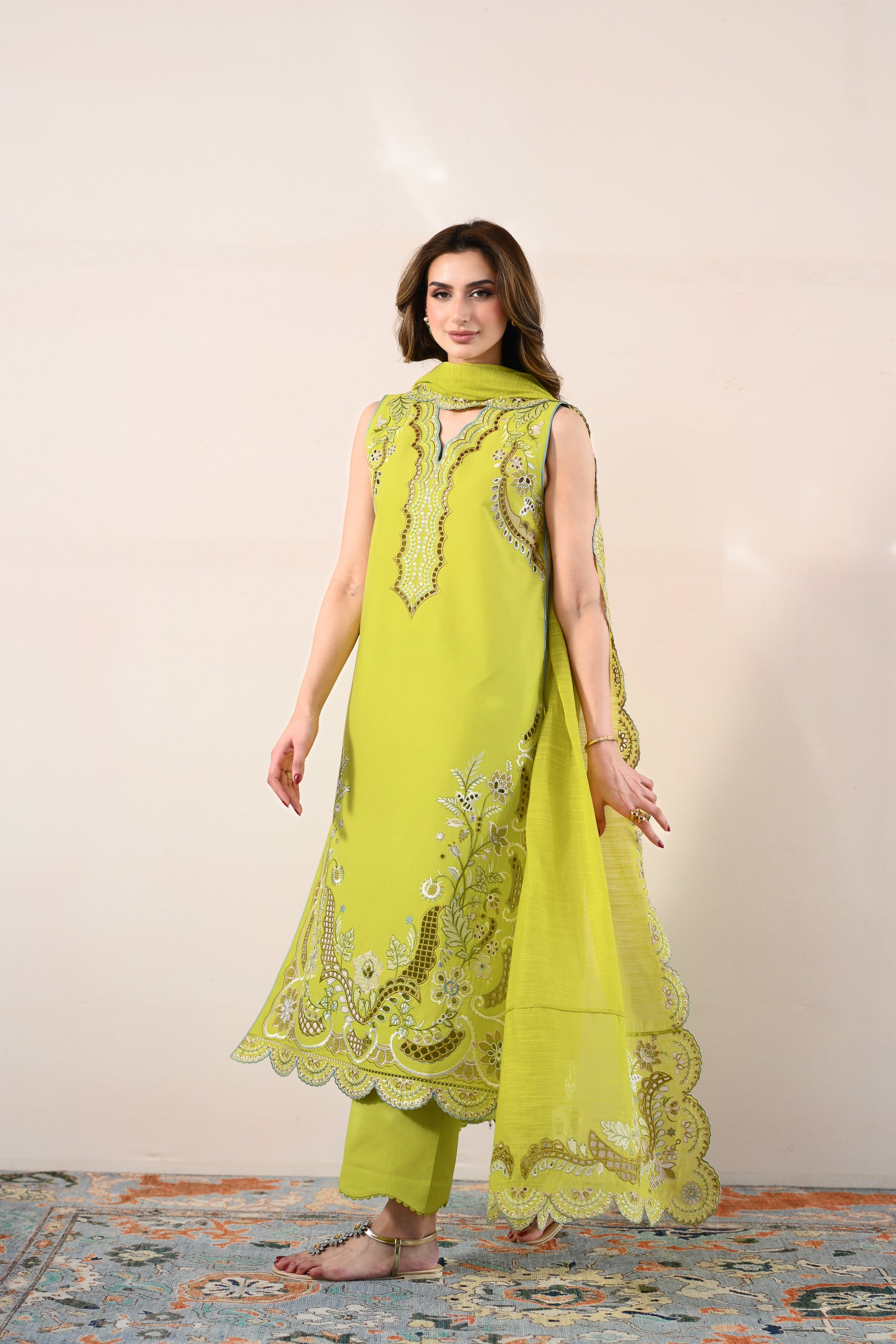 LIME GREEN LUXURY EMBROIDERED LAWN 3PCS SET (NPA3-26416) - READY TO WEAR / EXPRESS DELIVERY FOR EID