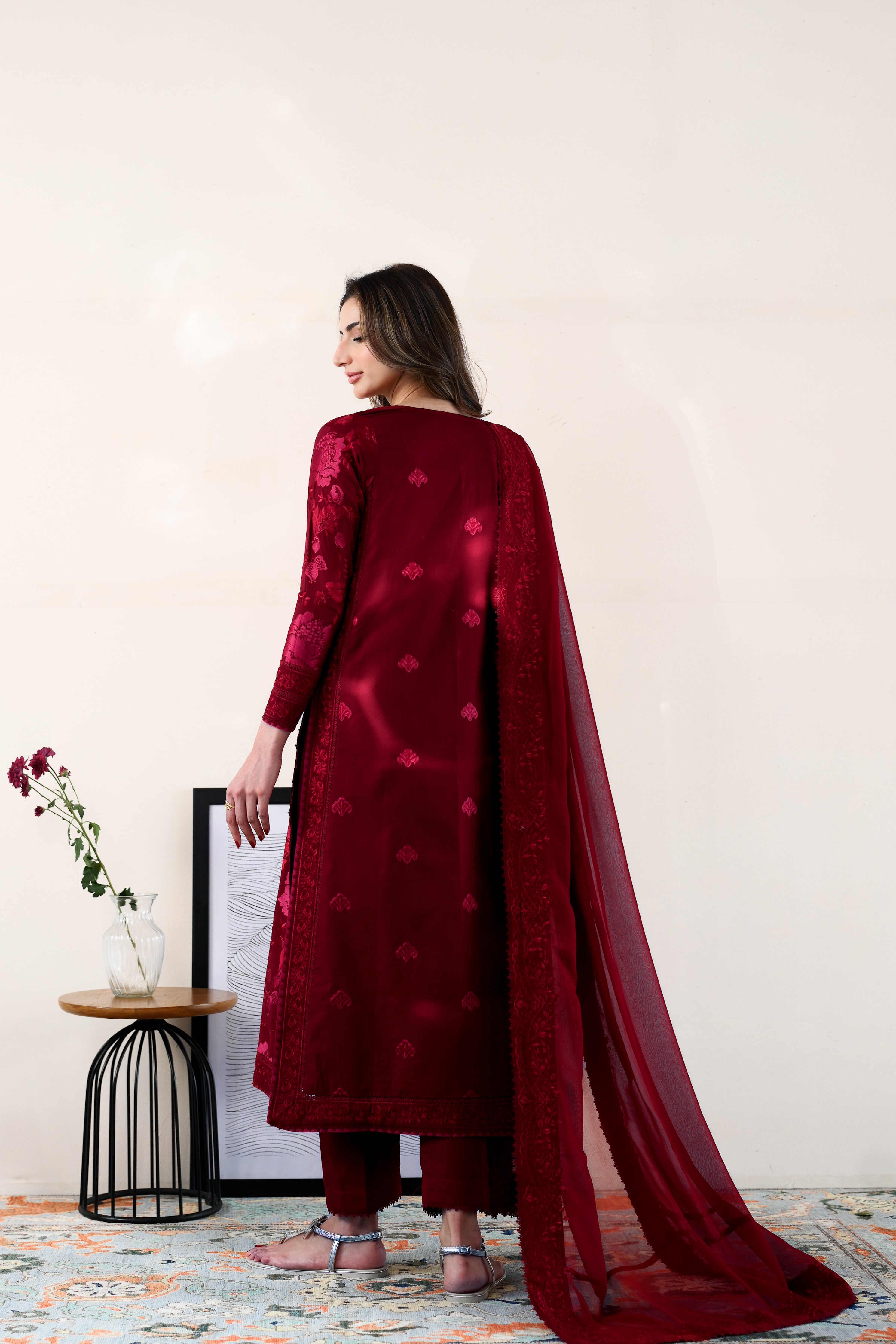 MAROON LUXURY EMBROIDERED LAWN 3PCS SET (NPA3-26419) - READY TO WEAR / EXPRESS SHIPPING FOR EID