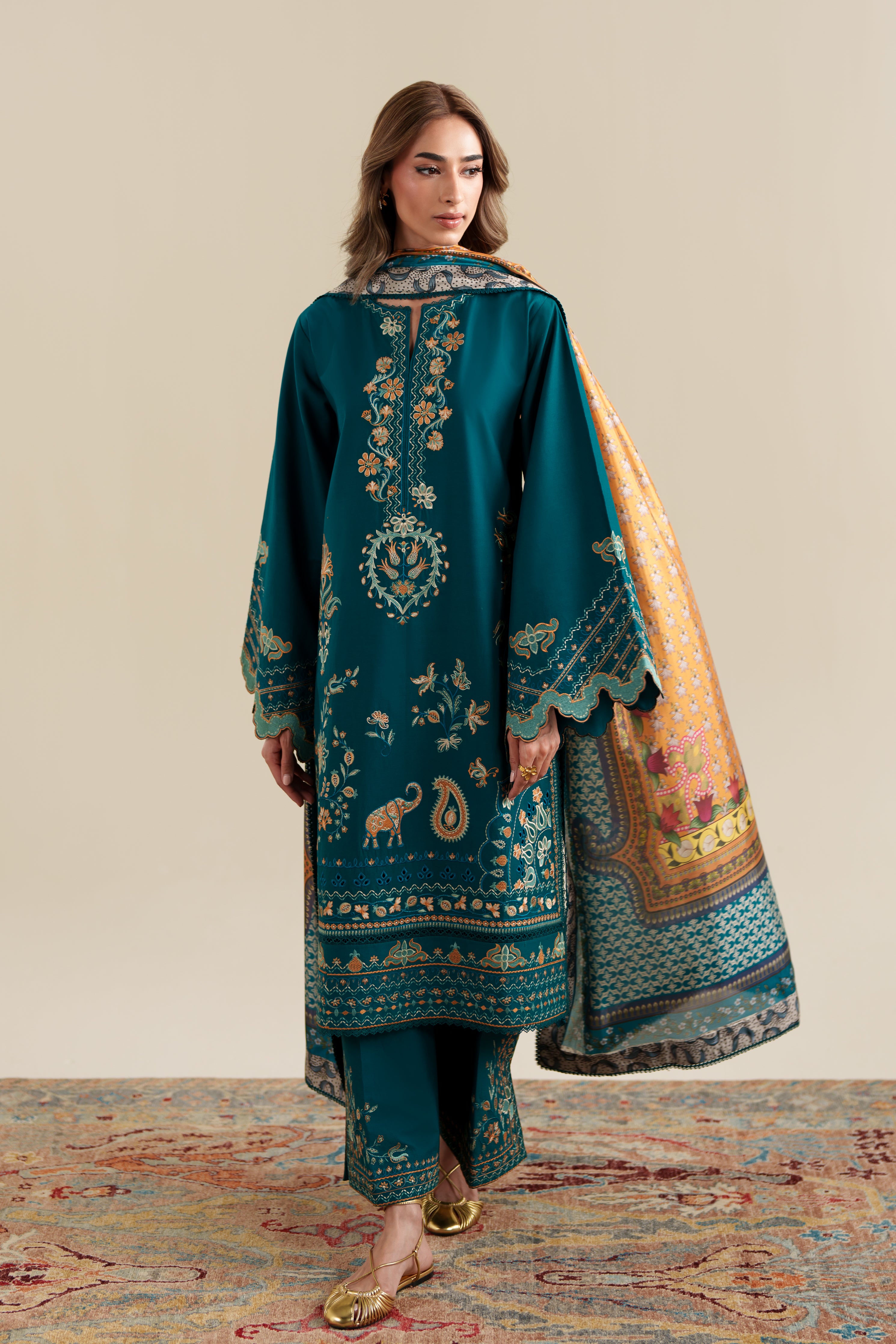 RICH TEAL LUXURY EMBROIDERED 3PCS SET (NPA3-26421) - READY TO WEAR x EID UL ADHA / EXPRESS SHIPPING FOR EID