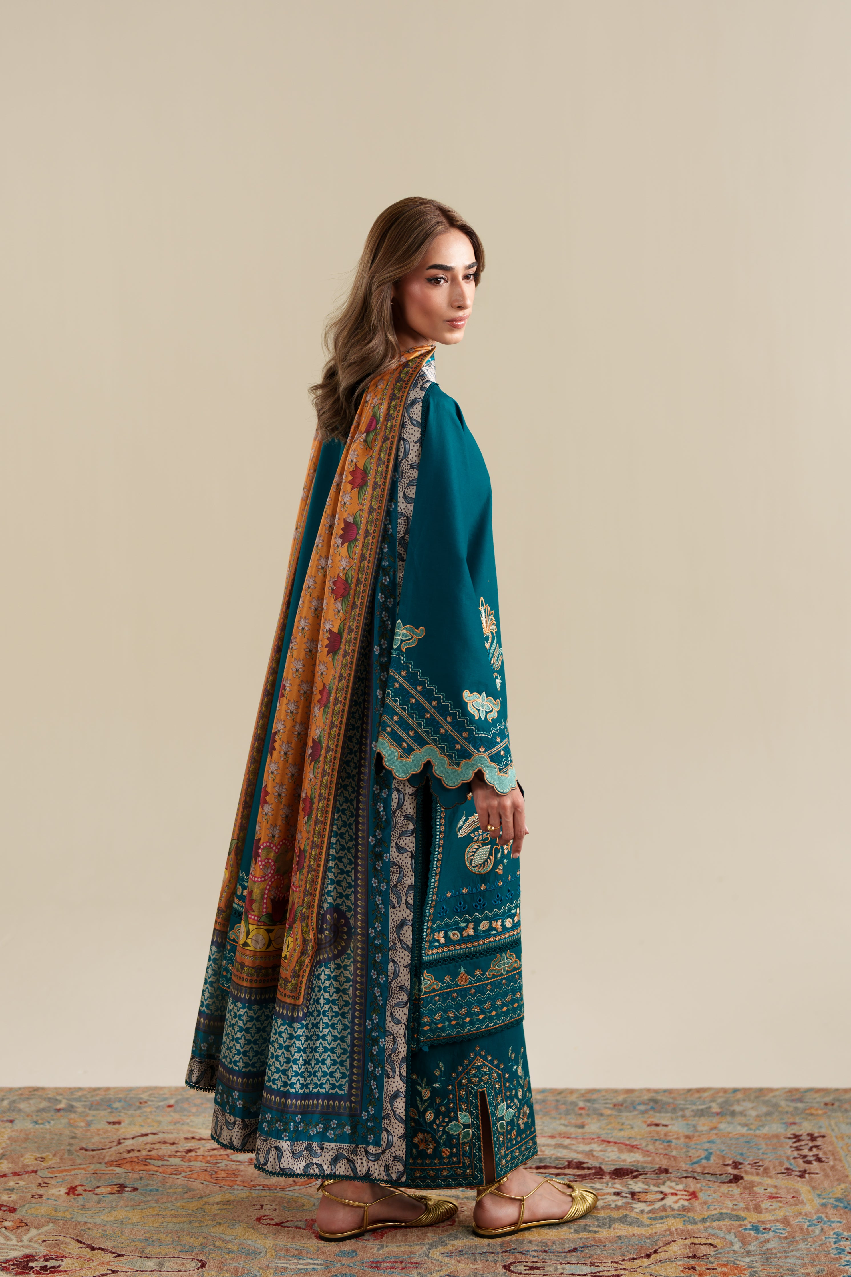 RICH TEAL LUXURY EMBROIDERED 3PCS SET (NPA3-26421) - READY TO WEAR x EID UL ADHA / EXPRESS SHIPPING FOR EID