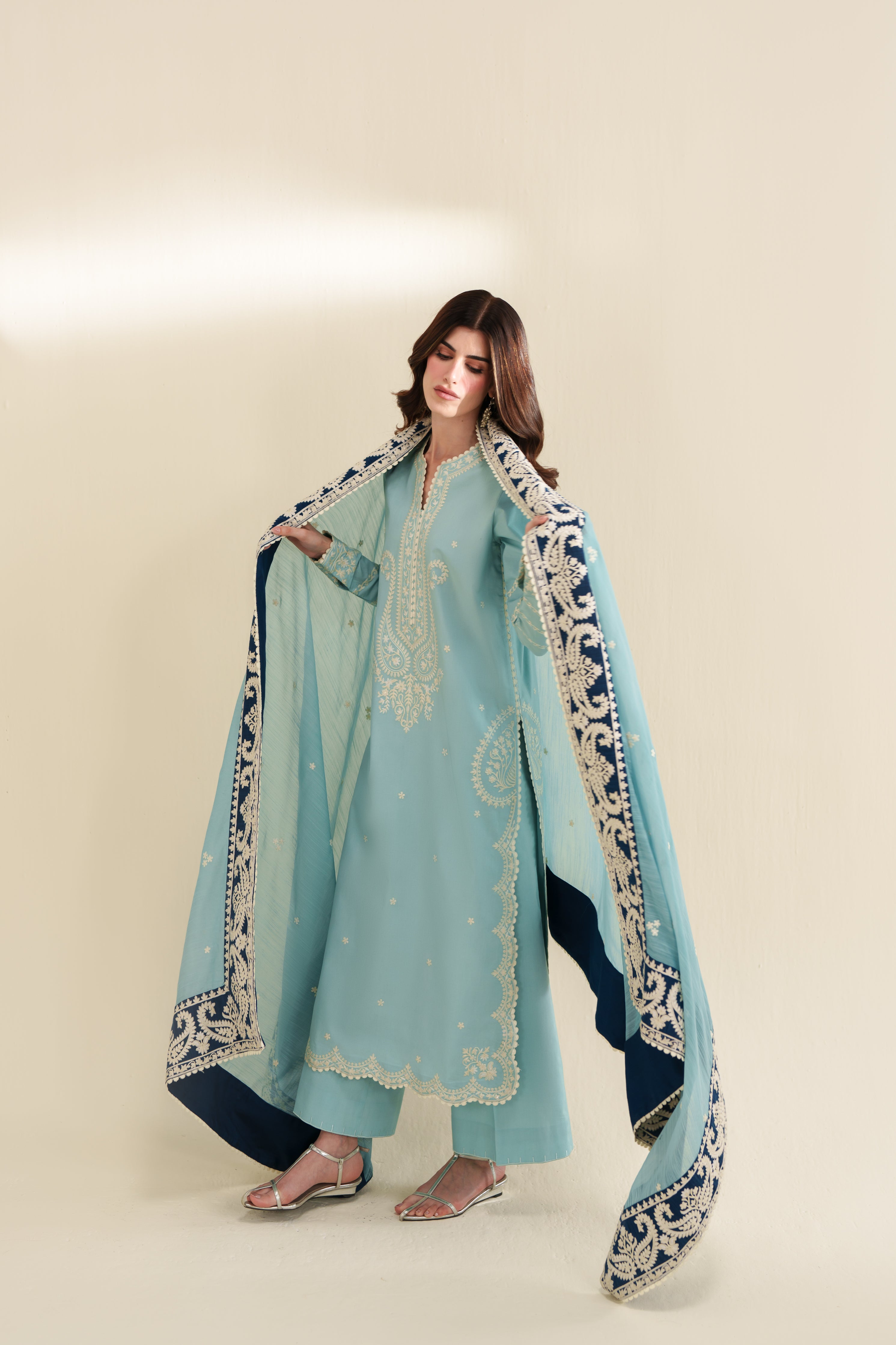 ICE BLUE LUXURY EMBROIDERED 3PCS SET (NPA3-26423) - READY TO WEAR x EID UL ADHA 26 / EXPRESS DELIVERY FOR EID