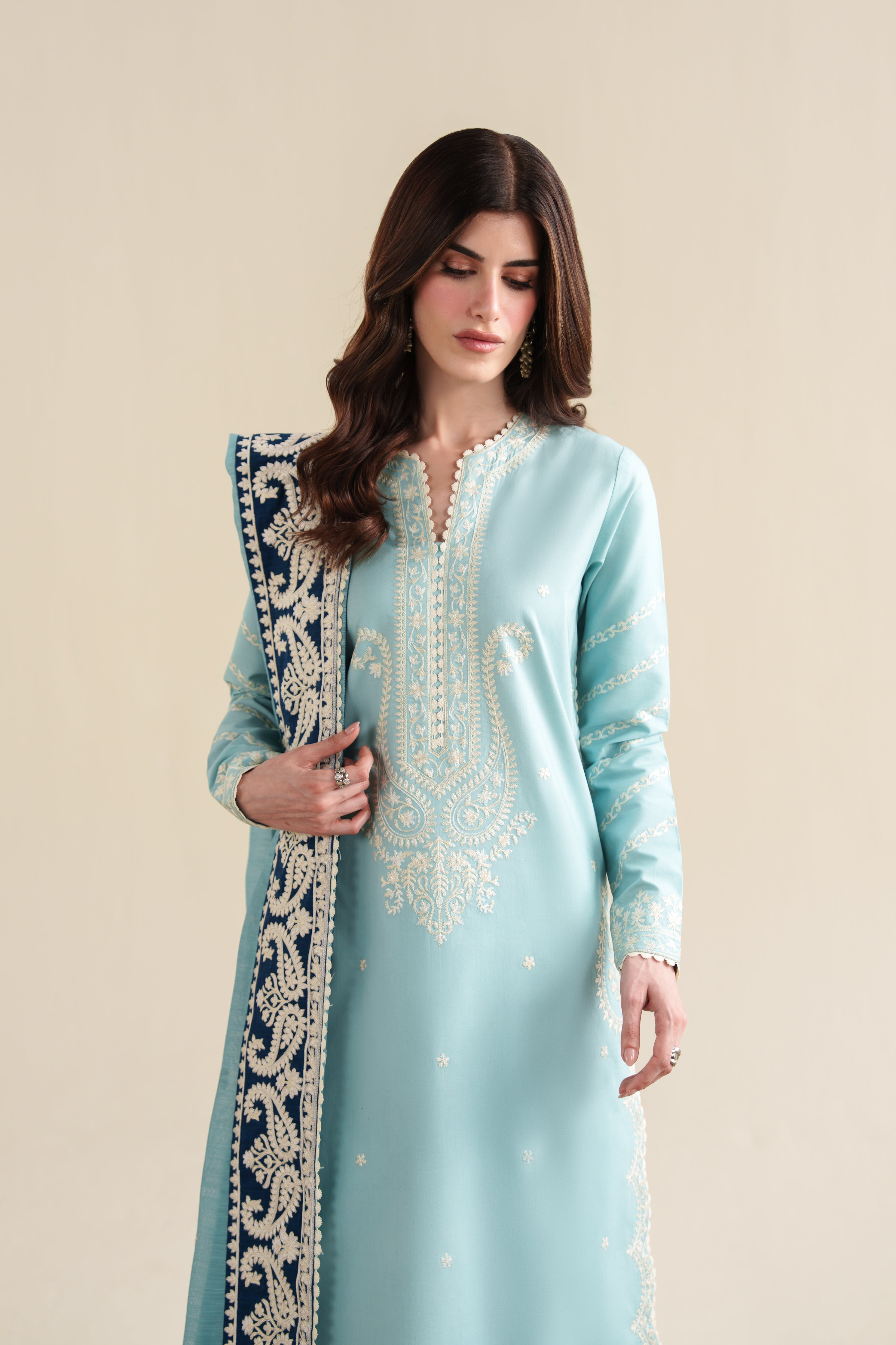 ICE BLUE LUXURY EMBROIDERED 3PCS SET (NPA3-26423) - READY TO WEAR x EID UL ADHA 26 / EXPRESS DELIVERY FOR EID