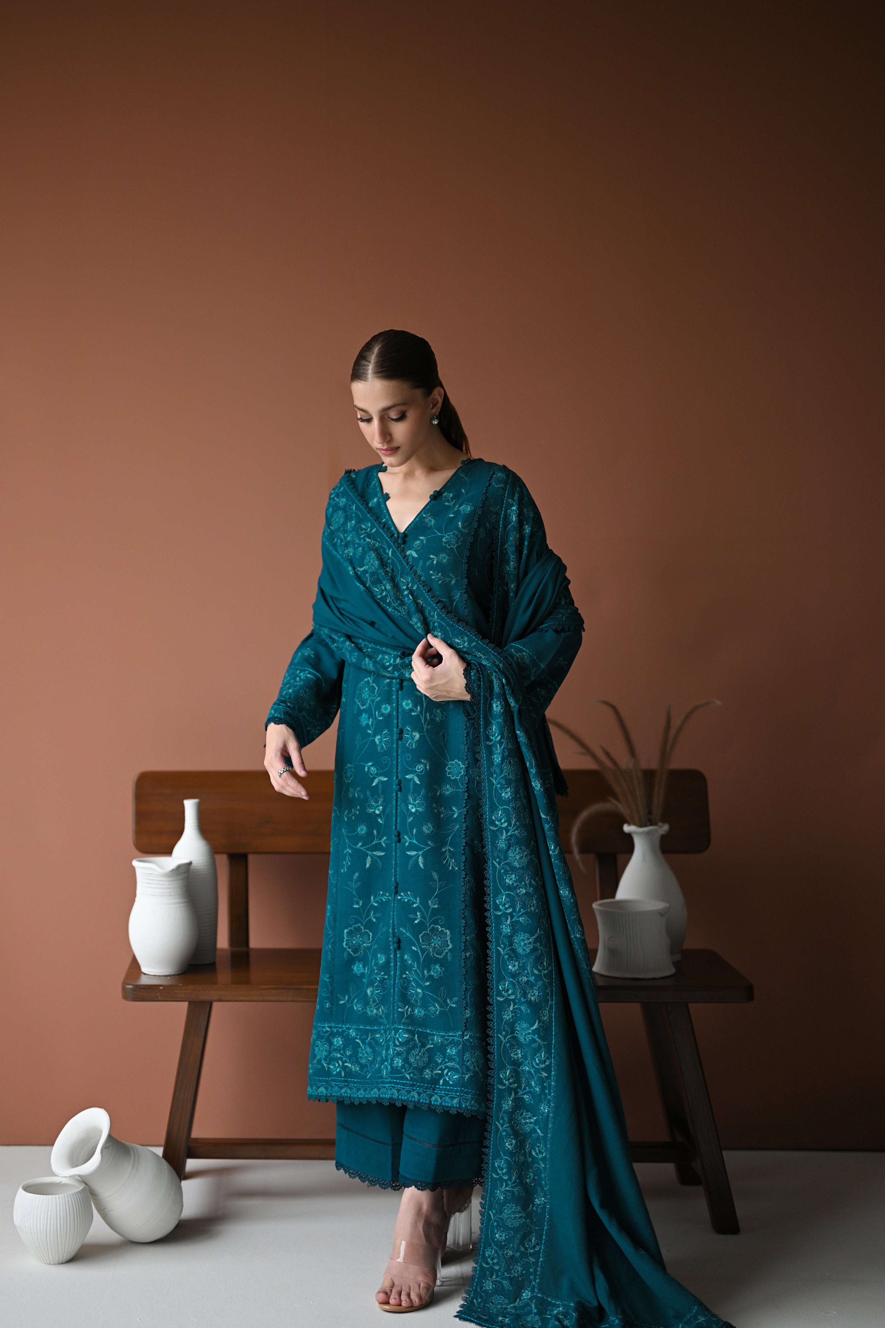 TEAL LUXURY EMBROIDERED KARANDI SET (NEL-24625)