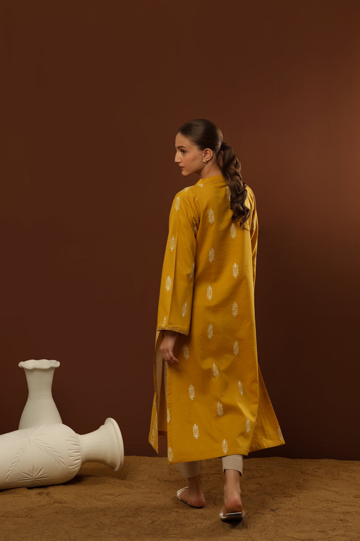 55% OFF MUSTARD EMBROIDERED LAWN SET (KURTA & SHALWAR) NPA2-23317