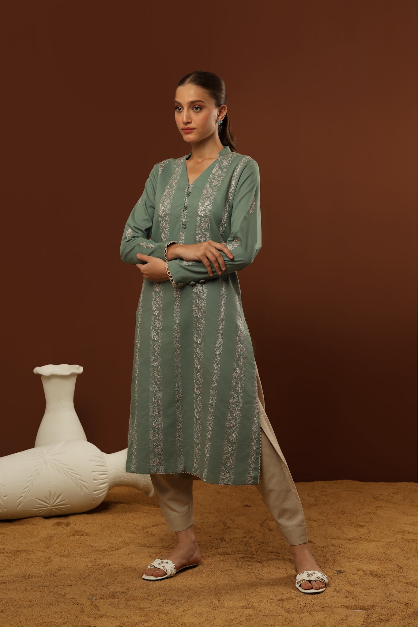 55% OFF SAGE EMBROIDERED LAWN SET (KURTA & SHALWAR) NPA2-23315