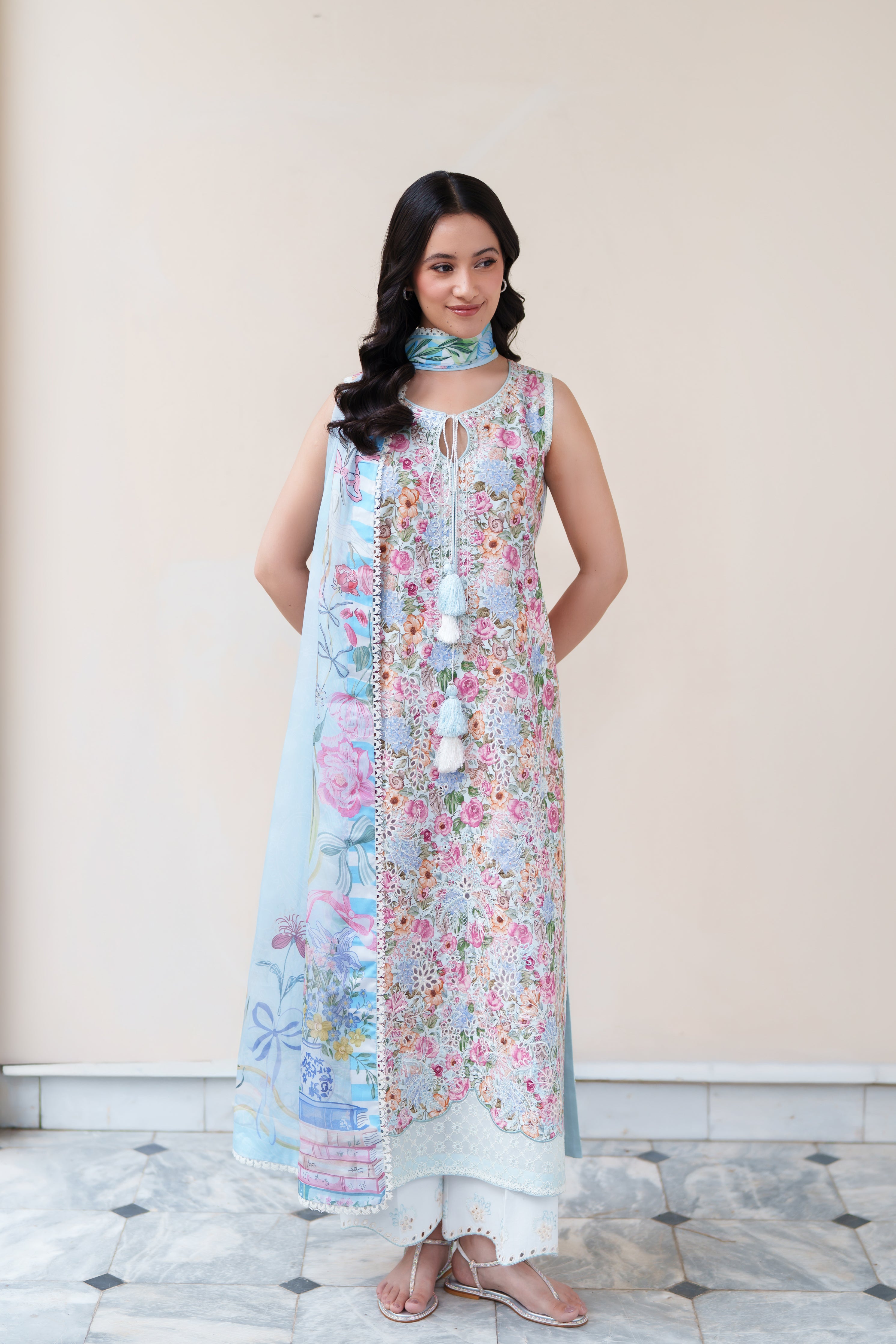 SOFT BLUE LUXURY EMBROIDERED PRINTED  PREMIUM COTTON 3PCS SET (NEL-26628)