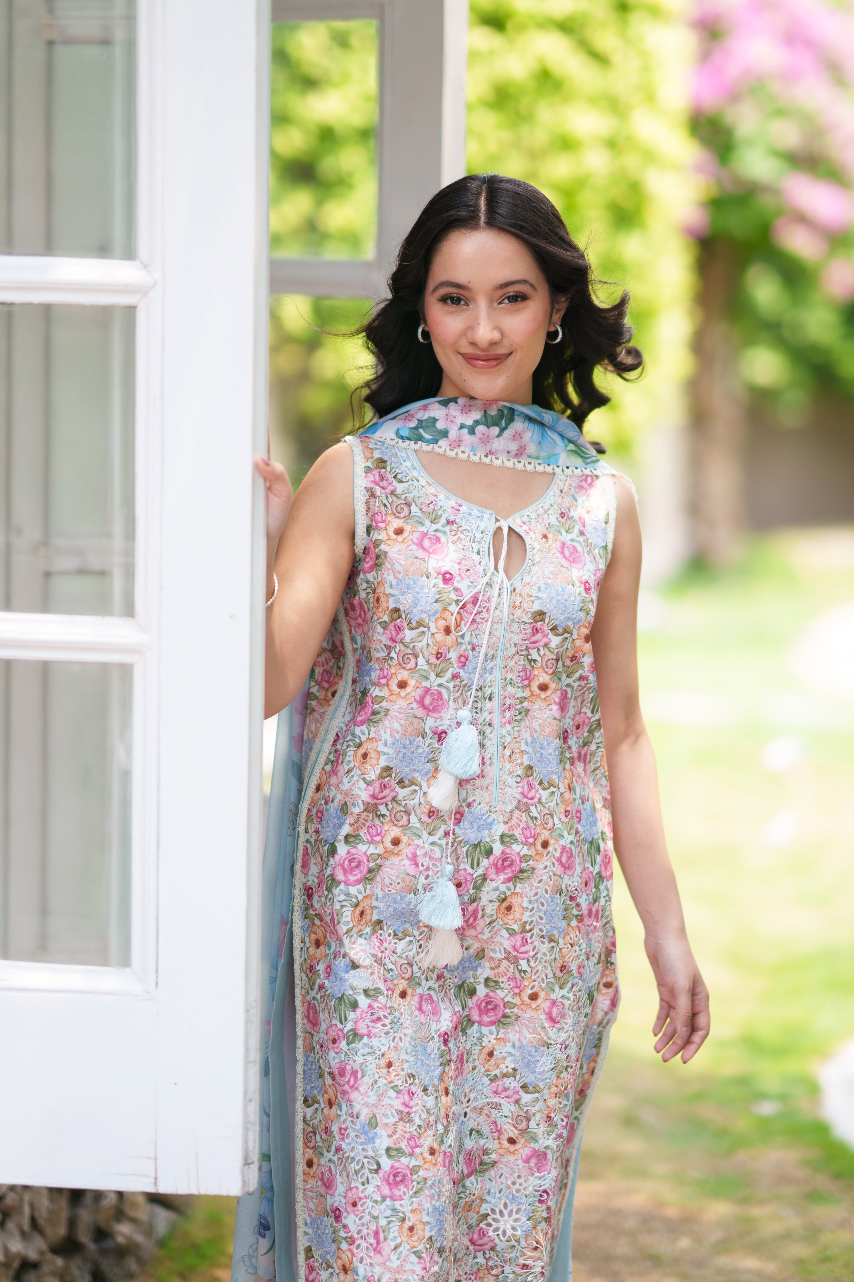 SOFT BLUE LUXURY EMBROIDERED PRINTED  PREMIUM COTTON 3PCS SET (NEL-26628)
