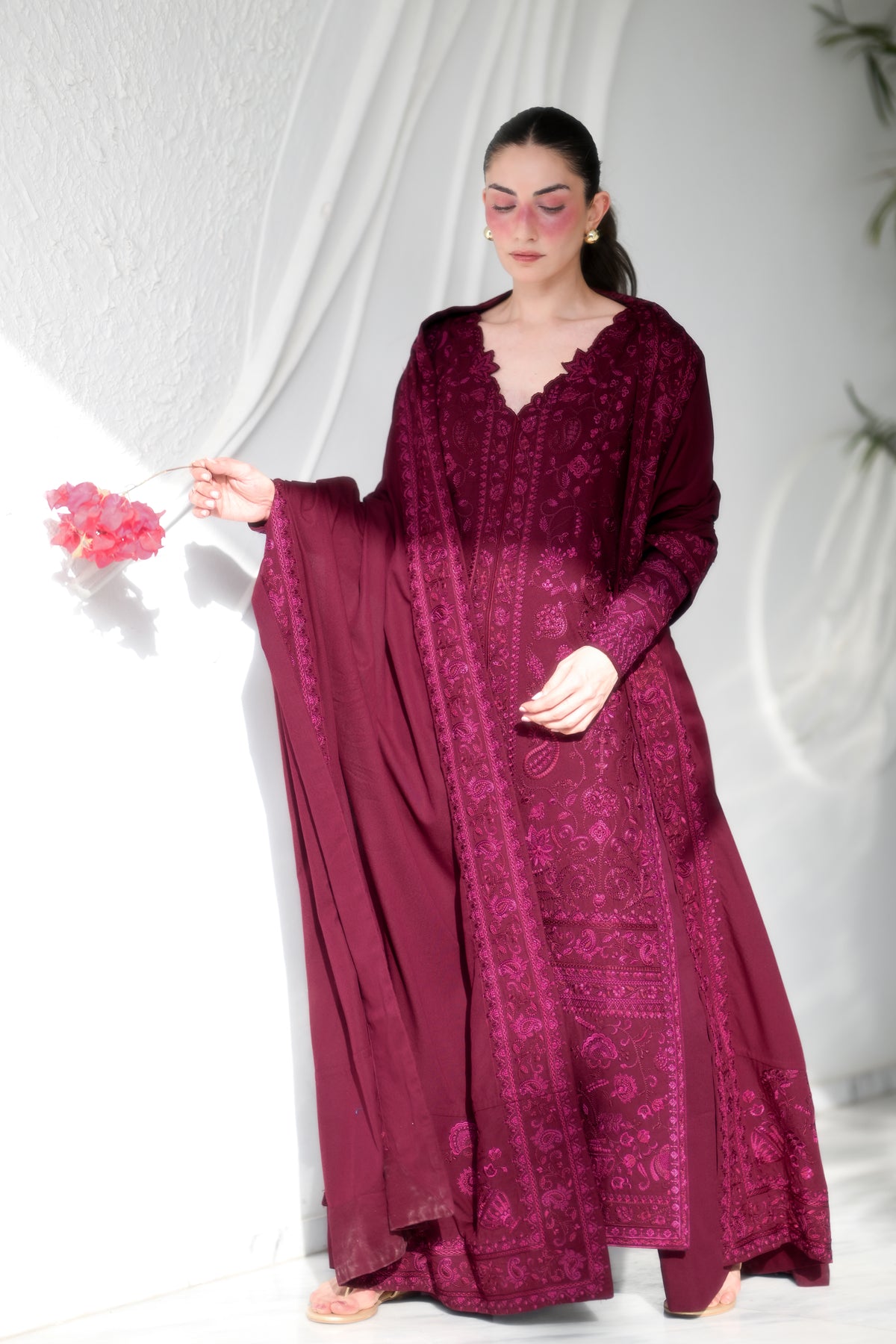CELIA - BURGUNDY LUXURY EMBROIDERED KARANDI 3PCS SET (NEL-26637)